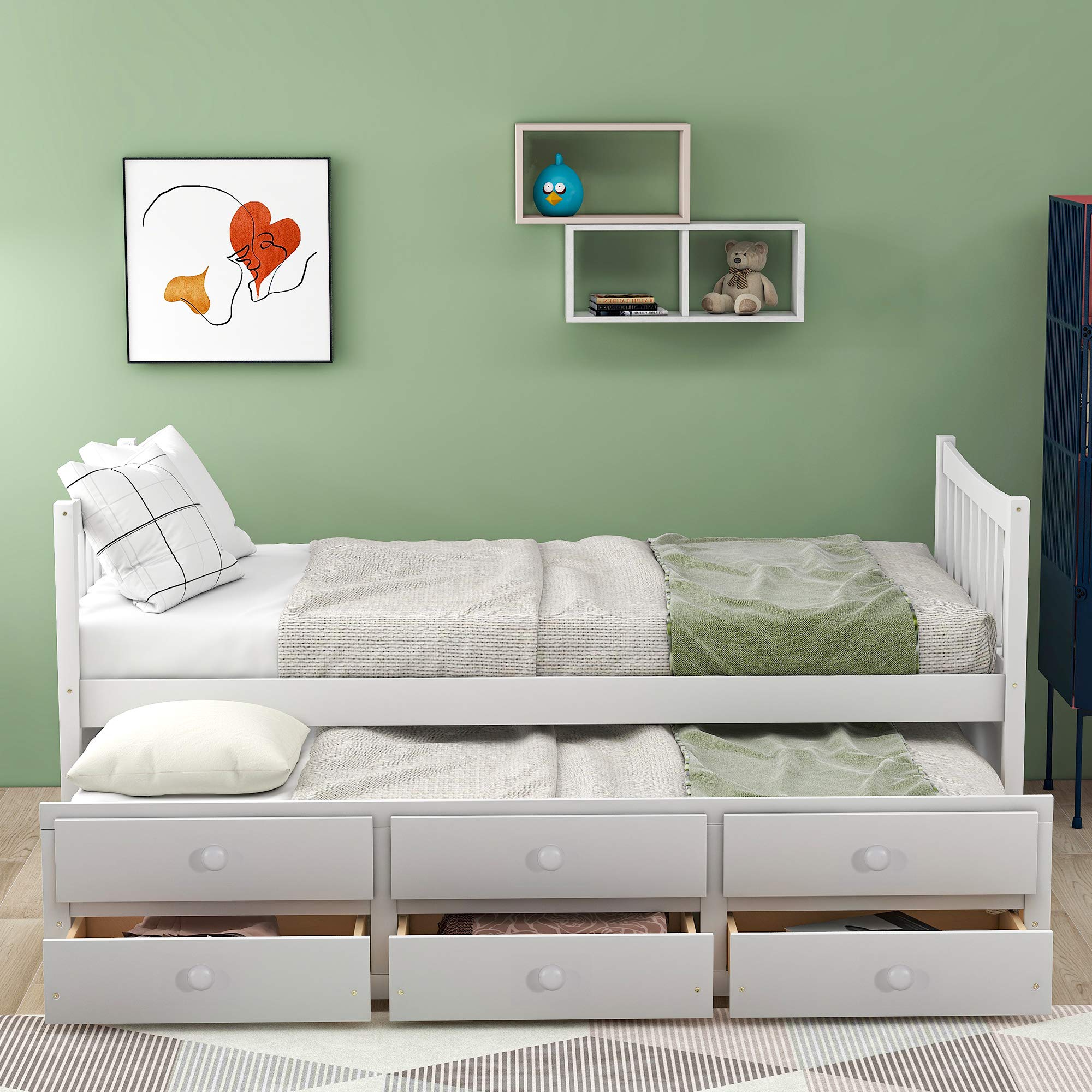 MERITLINE Twin Size Wooden Storage Platform Bed with 6 Drawers, Headboard & Footboard - White Captain Bed for Kids | Space-Saving Bedroom Solution for Small Rooms & Guest Rooms
