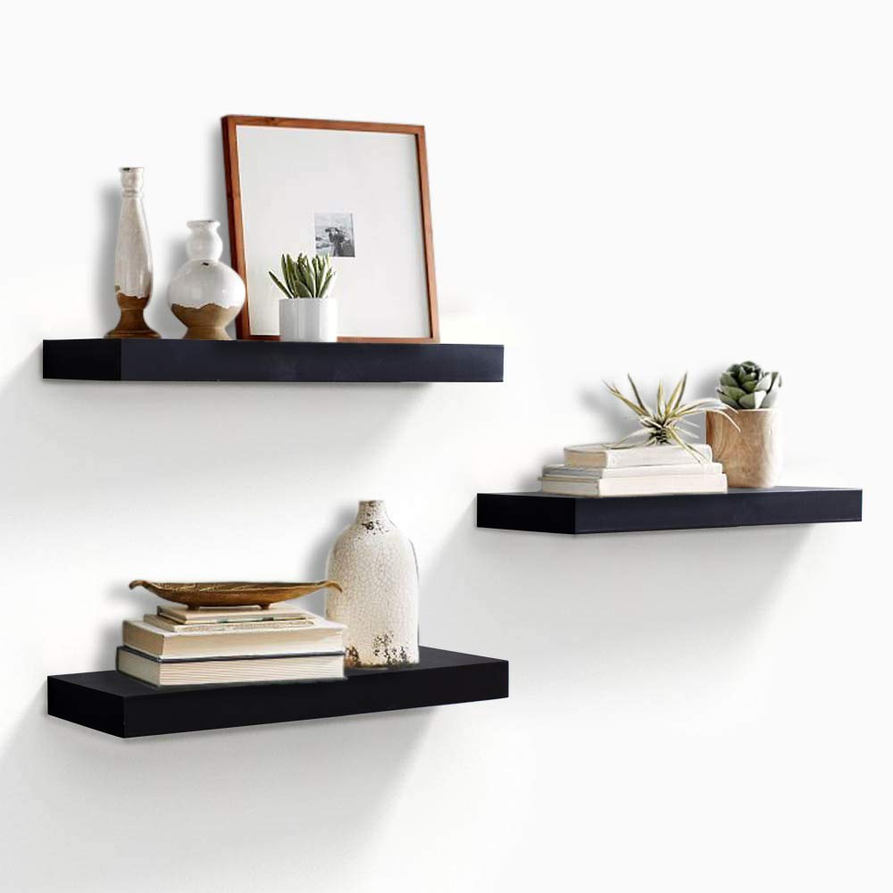 AHDECOR Floating Shelves Set of 3 - Wall Mounted Display Ledge Shelves for Home Decor - Bedroom, Office, Kitchen & Living Room Storage - Modern Black Shelves - Perfect for Books, Photos & Decorative Items