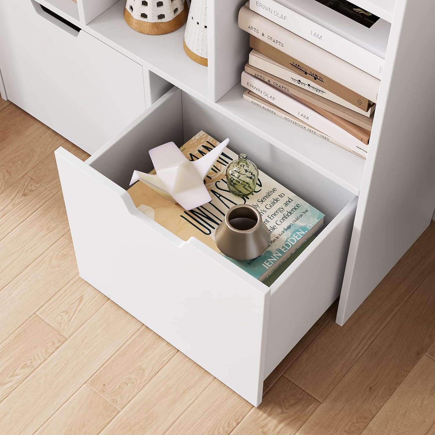 Modern 9-Cube White Bookshelf with 2 Large Drawers - Free Standing Storage Cabinet Organizer for Books, Toys & Home Decor - Perfect for Living Room, Office, Study & Kids' Bedroom Organization