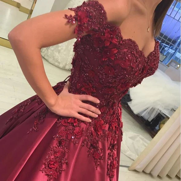 Elegant Burgundy Satin Ball Gown Wedding Dress - Off-the-Shoulder Bridal Gown for Prom, Evening Gala & Formal Events