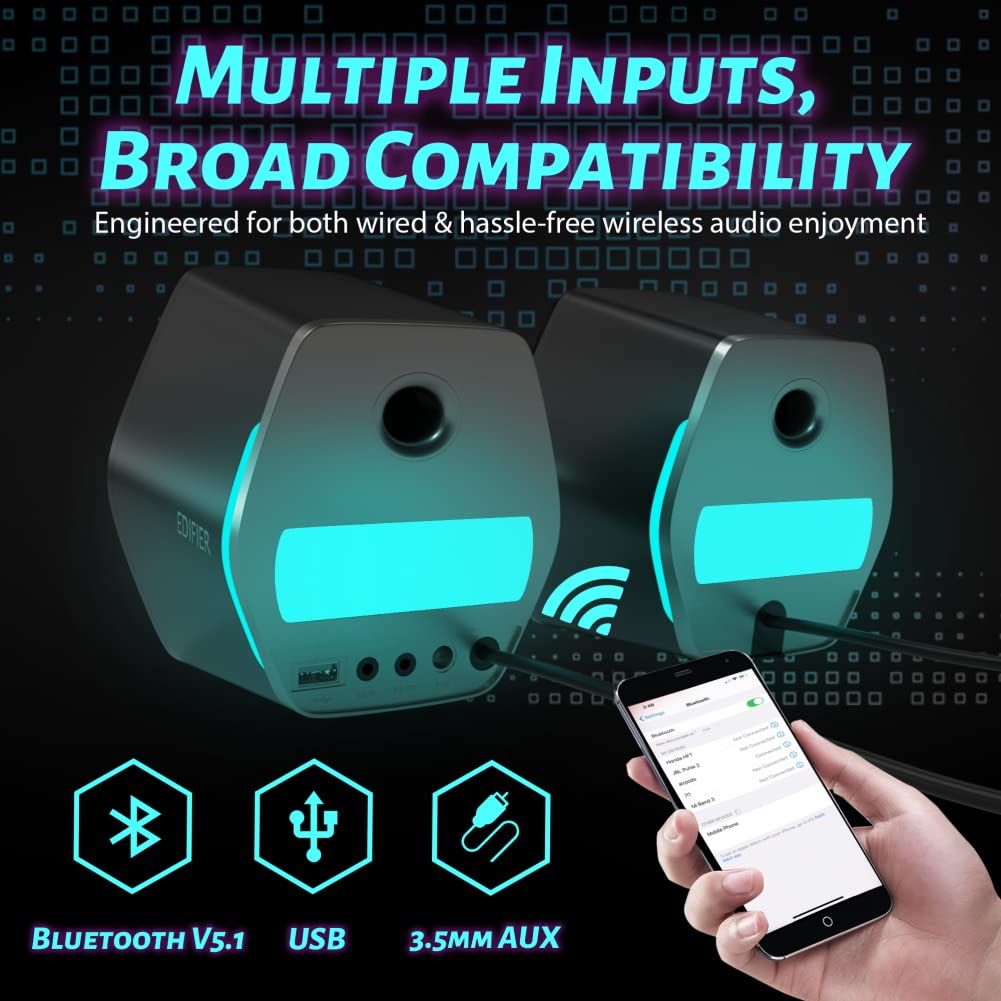 Edifier G2000 32W RGB Gaming Speakers - Bluetooth, USB & 3.5mm AUX PC Speakers for Desktop, Laptop, Mac - Powerful Woofer with Dynamic RGB Lighting for Gaming, Movies & Music