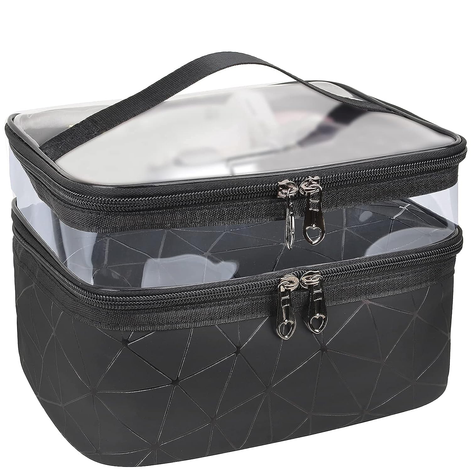 BIRZAR Double Layer Makeup Bag for Travel - Waterproof Cosmetic Organizer & Toiletry Case (Black) | Perfect for Airplane Carry-on, Gym Essentials & Daily Beauty Storage