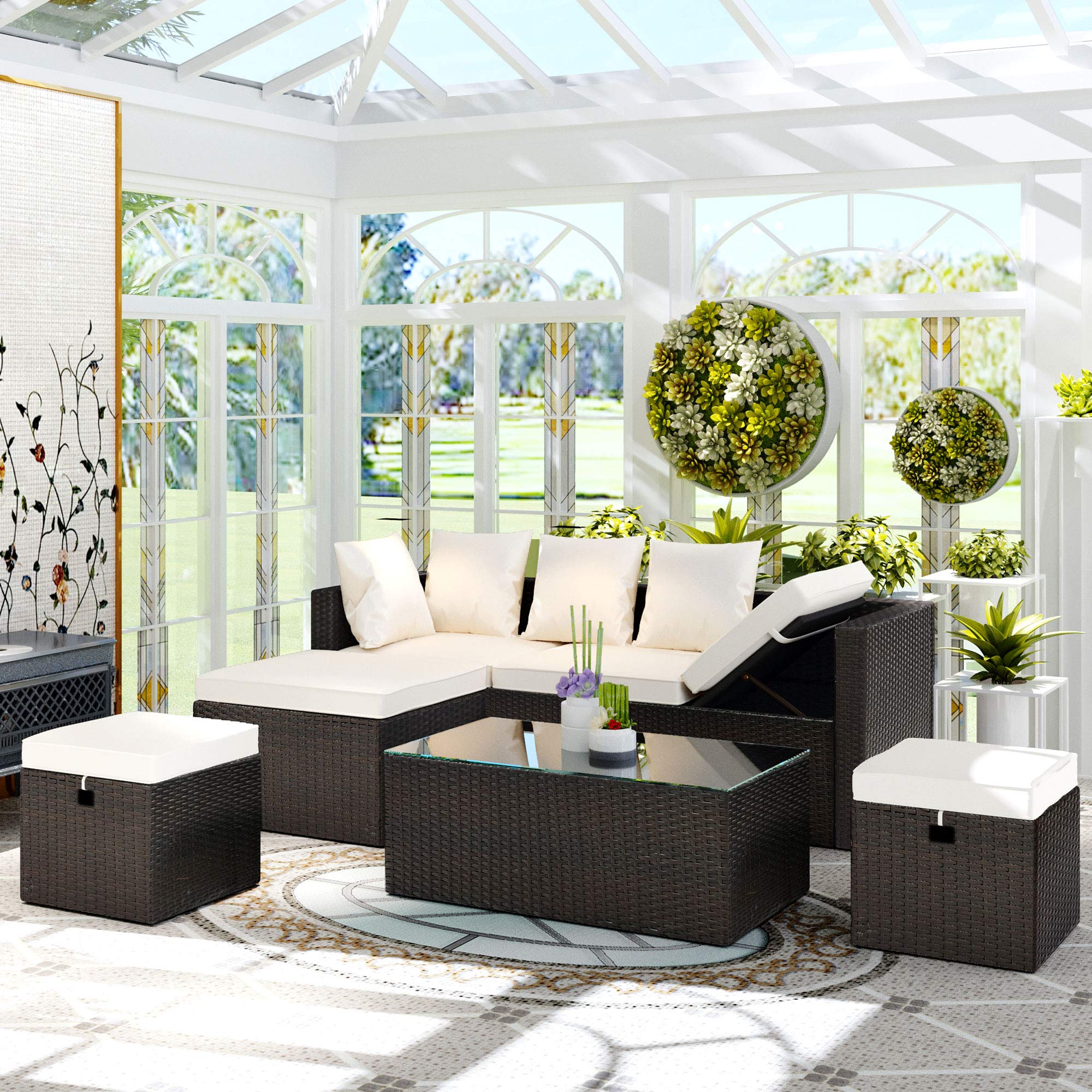 Beacon Pet 5-Piece All-Weather PE Wicker Patio Furniture Set - Adjustable Rattan Chaise Lounge with Tempered Glass Coffee Table & Removable Cushions (Beige/Brown) - Perfect for Outdoor Garden, Poolside & Backyard Relaxation