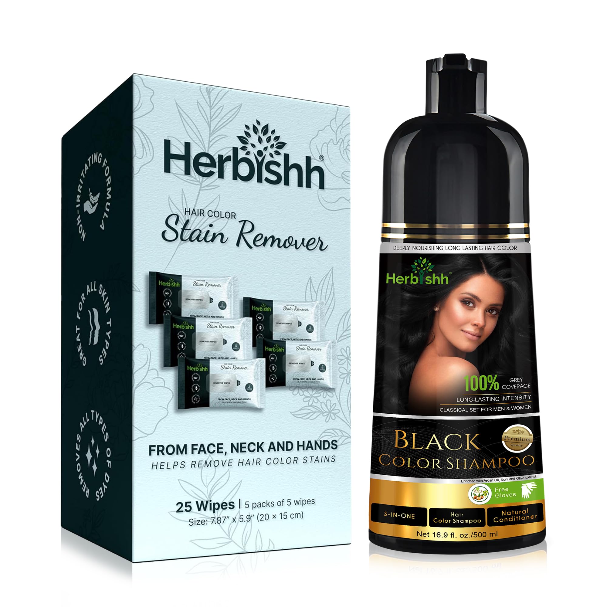 Herbishh Gray Hair Color Shampoo - Black 500ml with Hair Dye Stain Remover Wipes | Natural Hair Coloring for Men & Women | At-Home Salon Treatment for Covering Gray Roots
