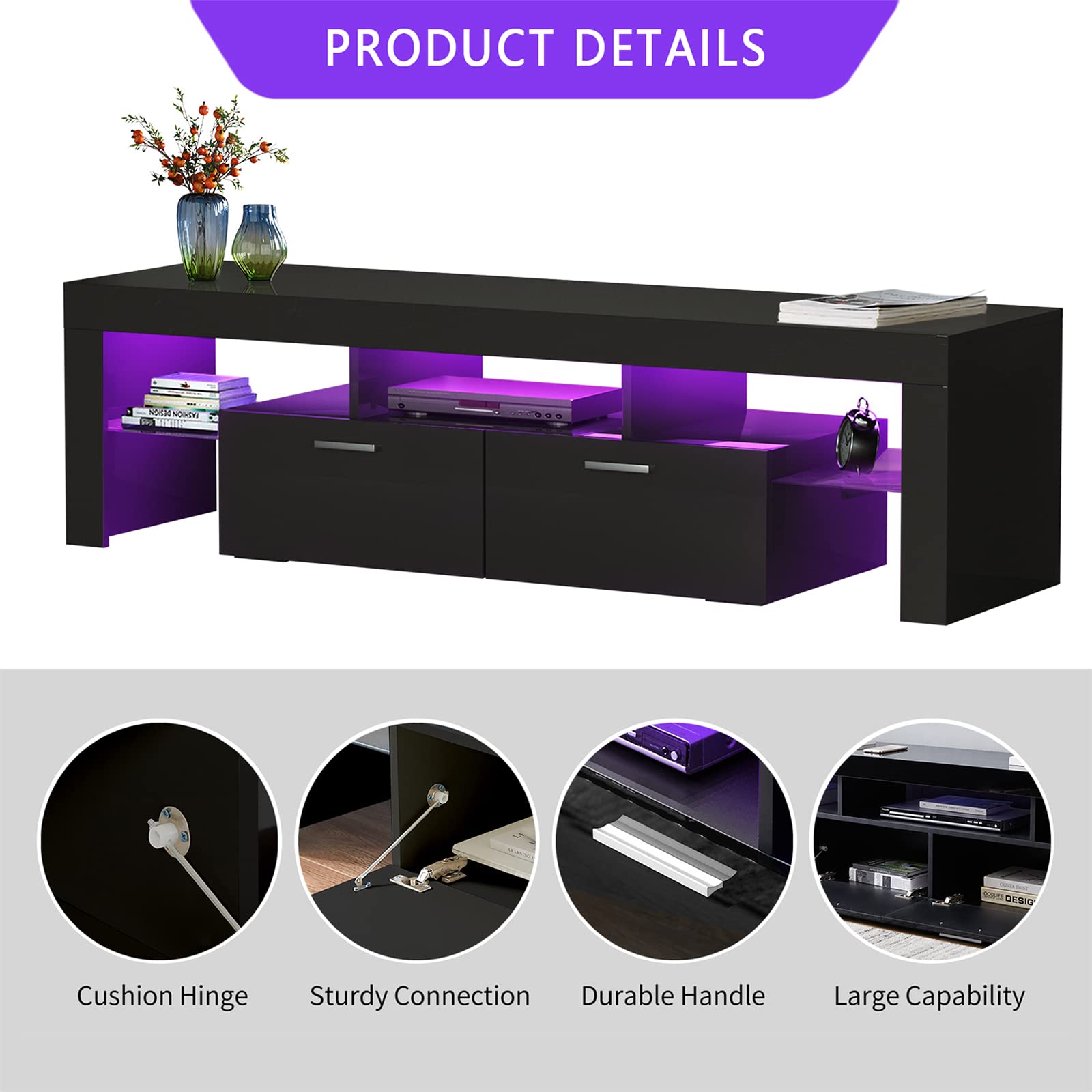 55/65/70/75 Inch Black LED TV Stand with Large Storage - Modern TV Media & Entertainment Center for Living Room, Bedroom, Gaming - Perfect for Movie Nights & Home Theater Setup (63