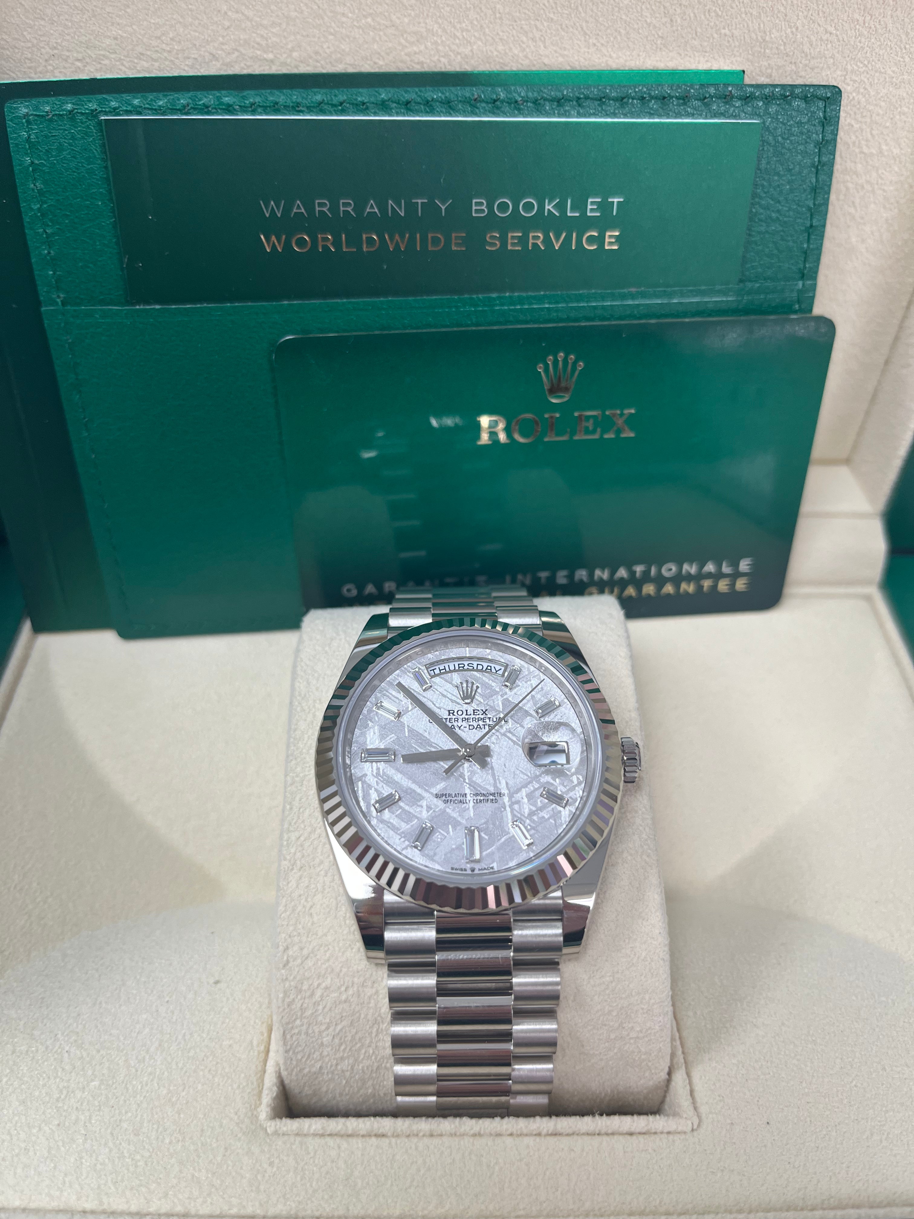Rolex Day-Date 40mm Men's Watch - Meteorite Baguette Diamond Dial, White Gold Fluted Bezel, Ref. 228239 | Luxury Dress Watch for Business & Formal Occasions
