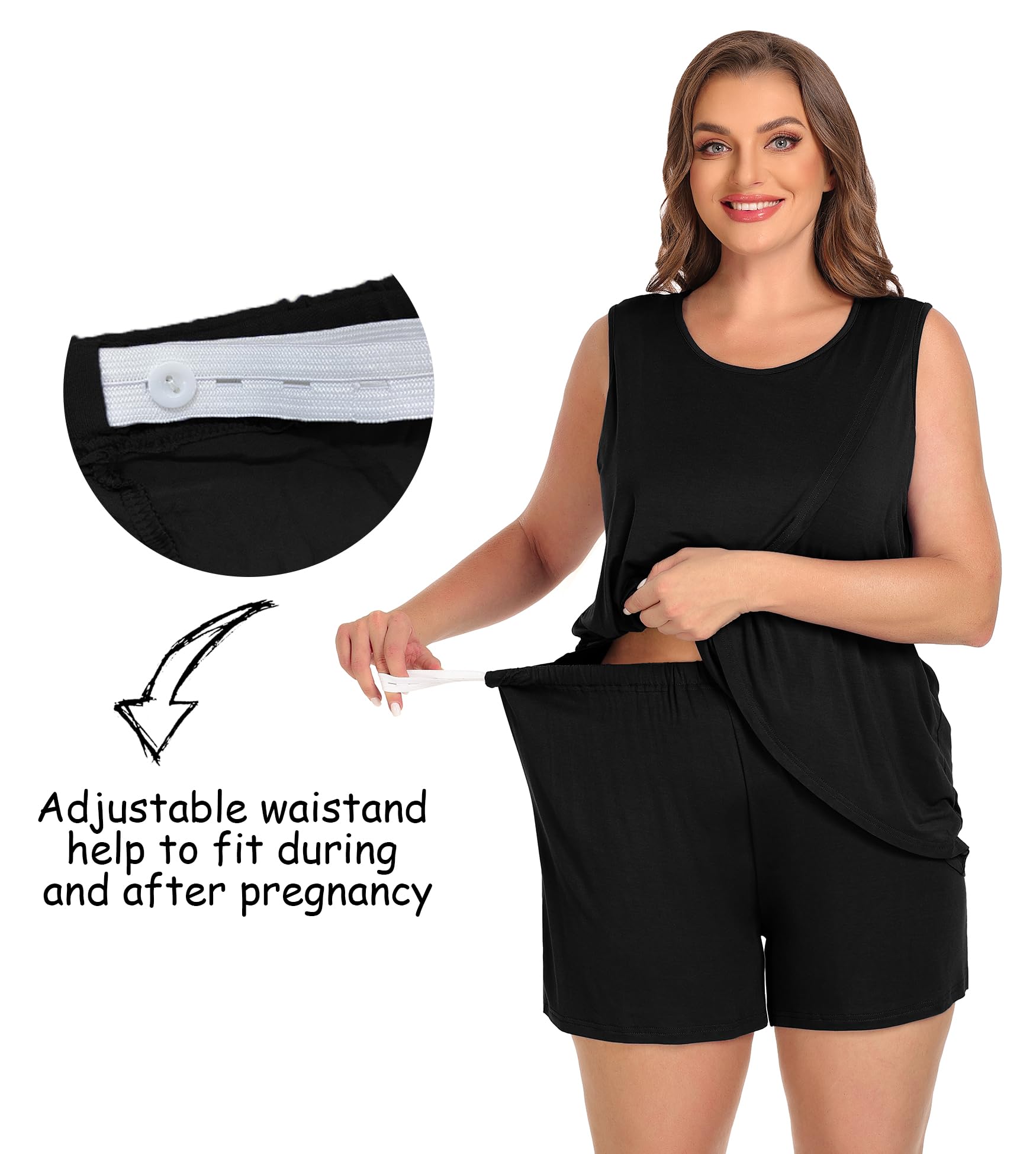SWOMOG Women's 3-Piece Maternity Pajama Set - Sleeveless Nursing Pjs with Pockets & Double Layer for Breastfeeding Comfort | Perfect for Pregnancy Sleepwear & Postpartum Care