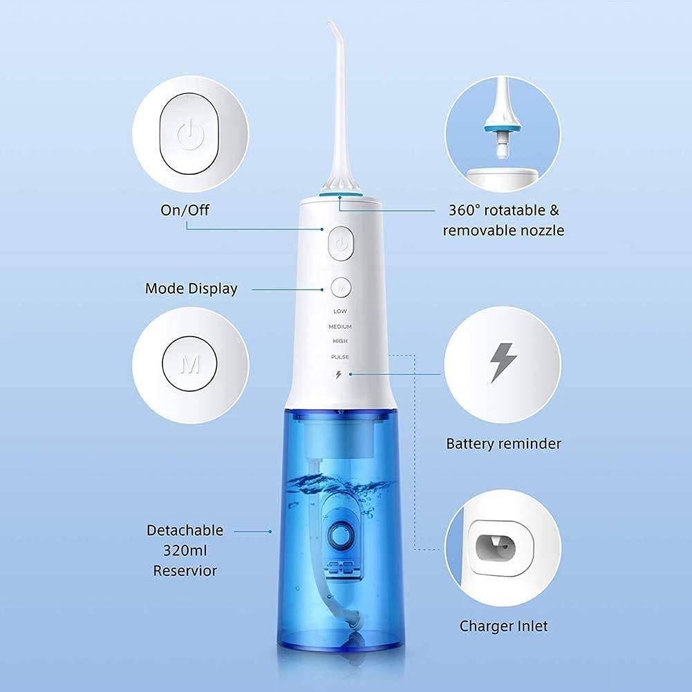 Cordless Water Flosser - Portable Oral Irrigator with 4 Cleaning Modes & 3 Jet Tips, 300ML Large Water Tank, USB Rechargeable for Teeth, Braces, Bridges - Perfect for Home Use & Travel Dental Care