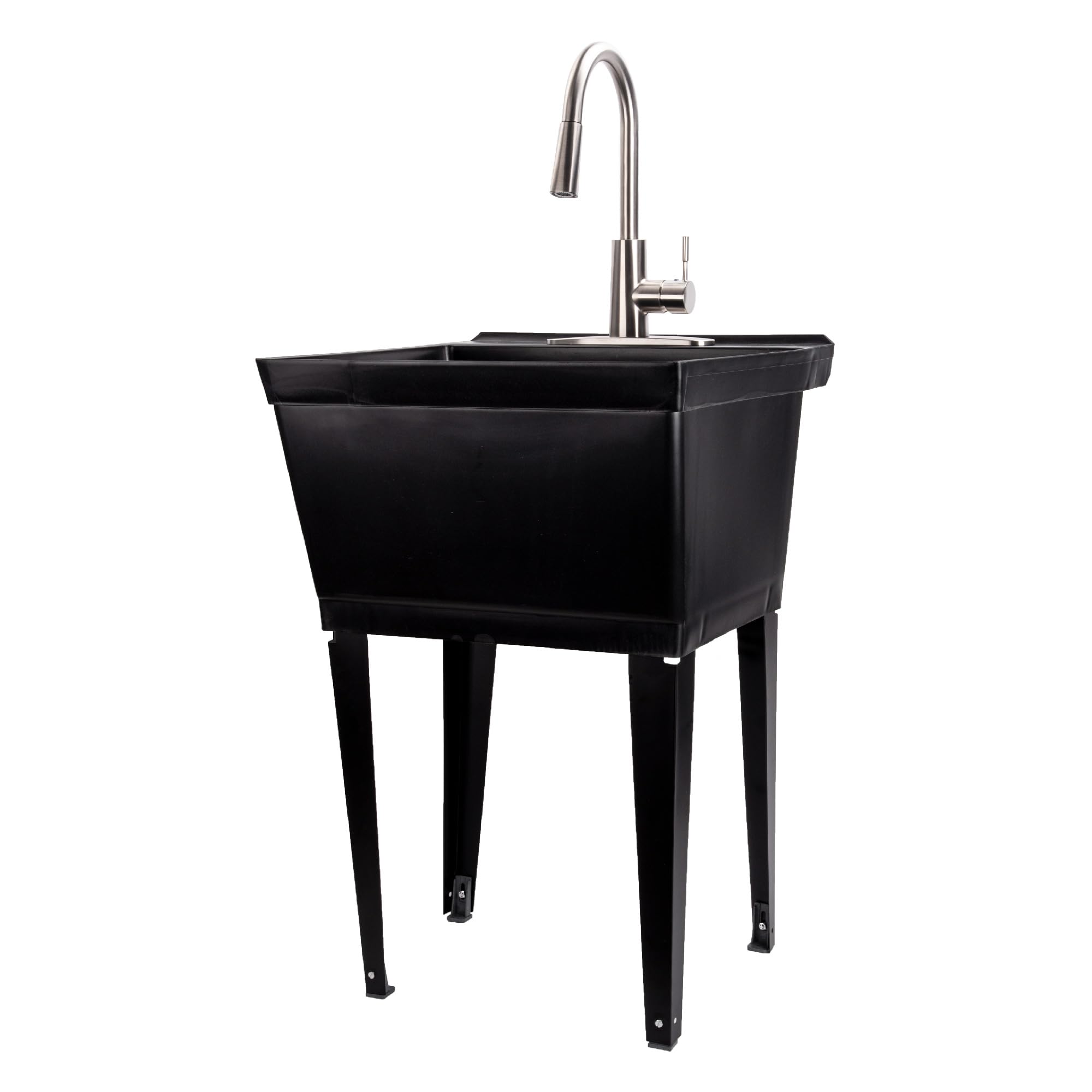 JS Jackson Supplies Laundry Utility Sink with High Arc Pull-Down Faucet - Stainless Steel Faucet & Black Tub for Laundry Room, Basement, Garage, or Workshop Use