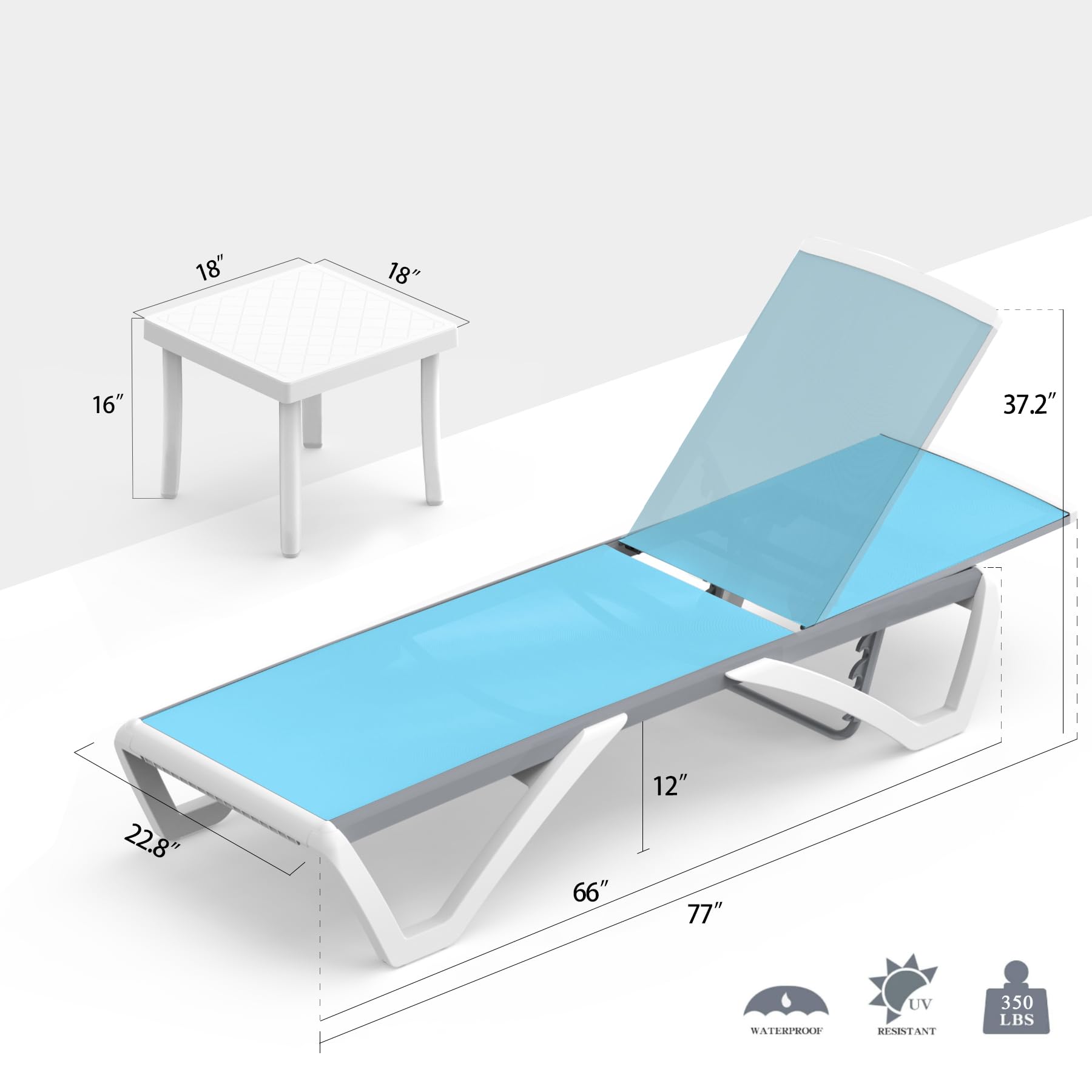 Domi Outdoor Chaise Lounge - Lightweight Aluminum Adjustable Patio Chair with Side Table, Waterproof Plastic Pool Lounge for Backyard, Beach & Poolside Relaxation (Set of 2 Aqua Blue Lounges)