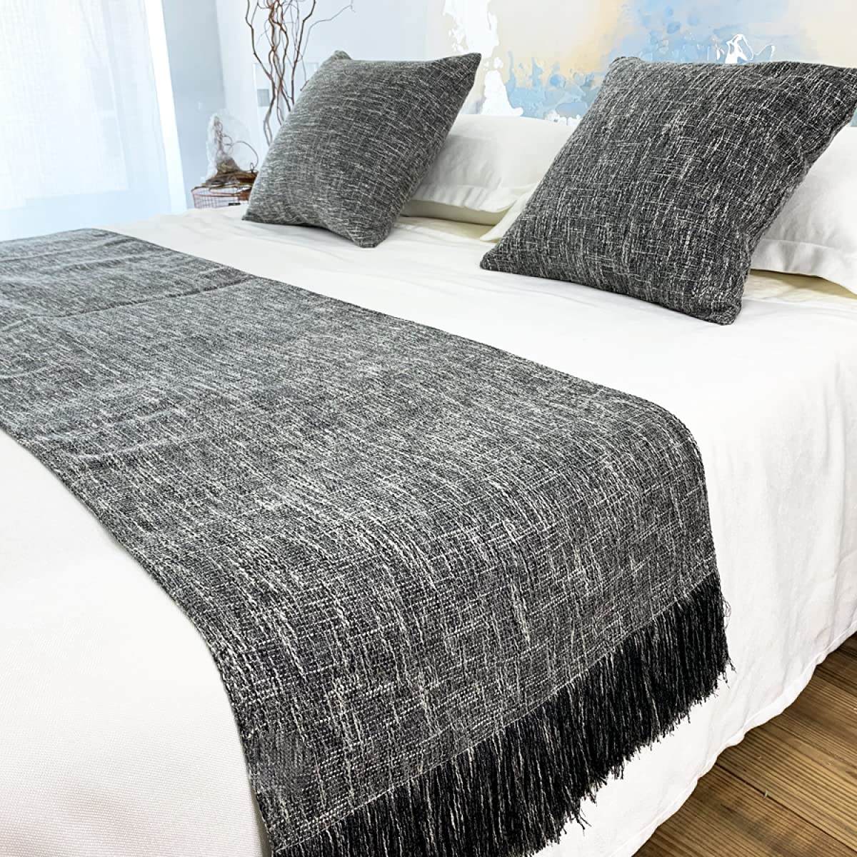 Modern Tassel Bed Runner Scarves & Pillowcase Set - Queen/King Size Bedspread Coverlet for Home Decor - Elegant Bed Scarf & Foot of Bed Throw - Perfect for Master Bedroom, Guest Room & Hotel Decor
