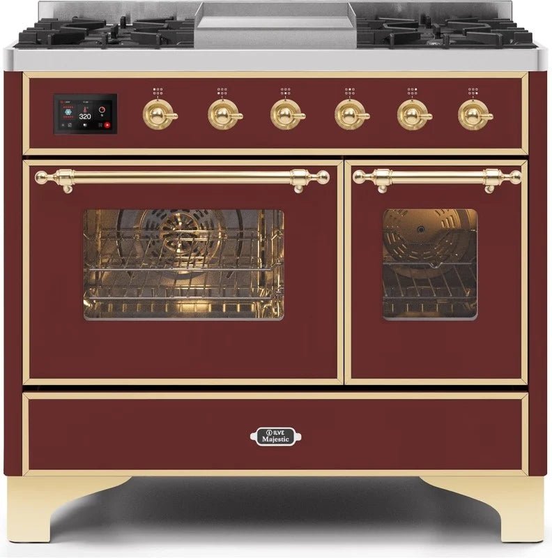 ILVE Majestic II 40-Inch Dual Fuel Natural Gas Range with Burgundy Brass Trim - Professional Kitchen Appliance for Home Chefs (Model UMD10FDNS3BUG) - Perfect for Gourmet Cooking, Baking & Entertaining