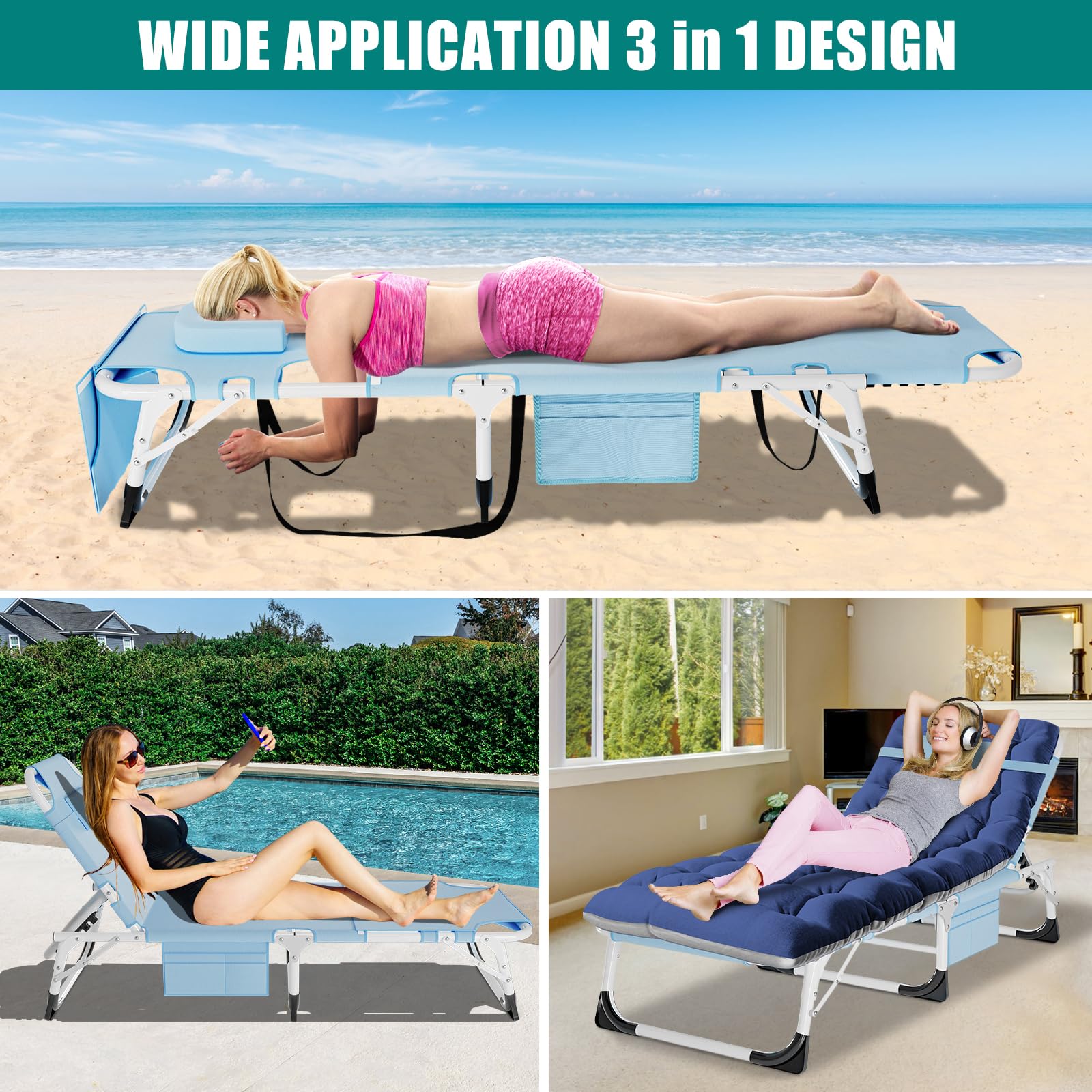 DoCred Heavy Duty Tanning Chair with Face Hole - Adjustable 5-Position Folding Chaise Lounge for Outdoor, Portable Lay Flat Beach Chair for Sunbathing, Poolside, Lawn & Camping - Perfect for Beach Relaxation, Backyard Lounging and Vacation Getaways