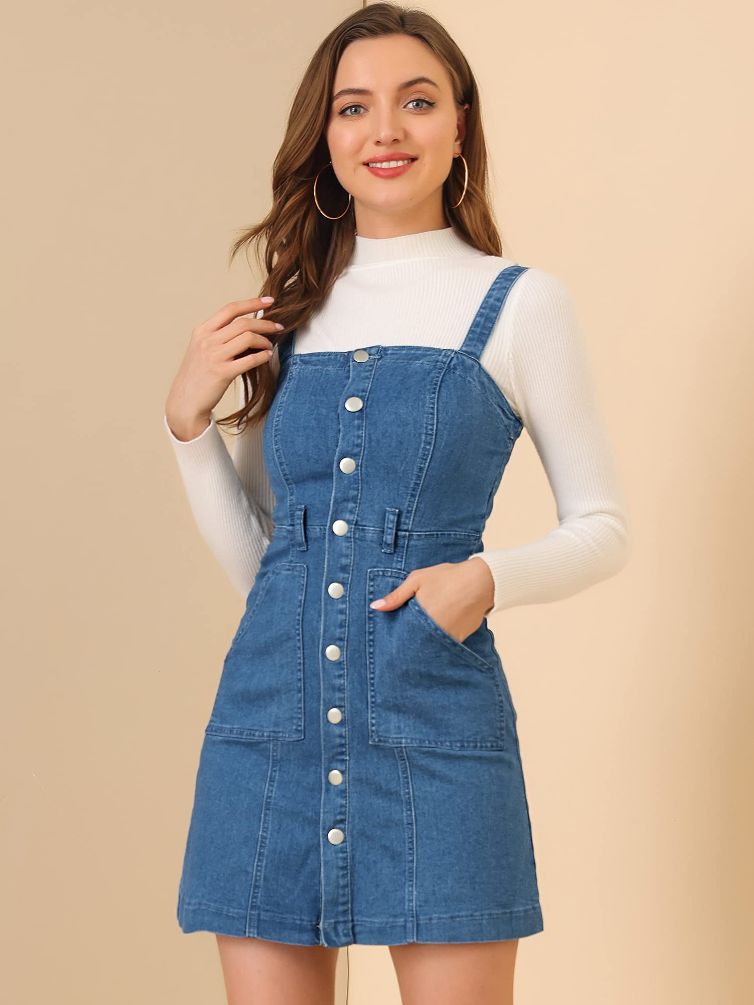 Allegra K Women's Classic Denim Pinafore Dress with Adjustable Straps - Casual Jean Overalls for Women, Perfect for Spring Outfits, Brunch Dates & Street Style Fashion