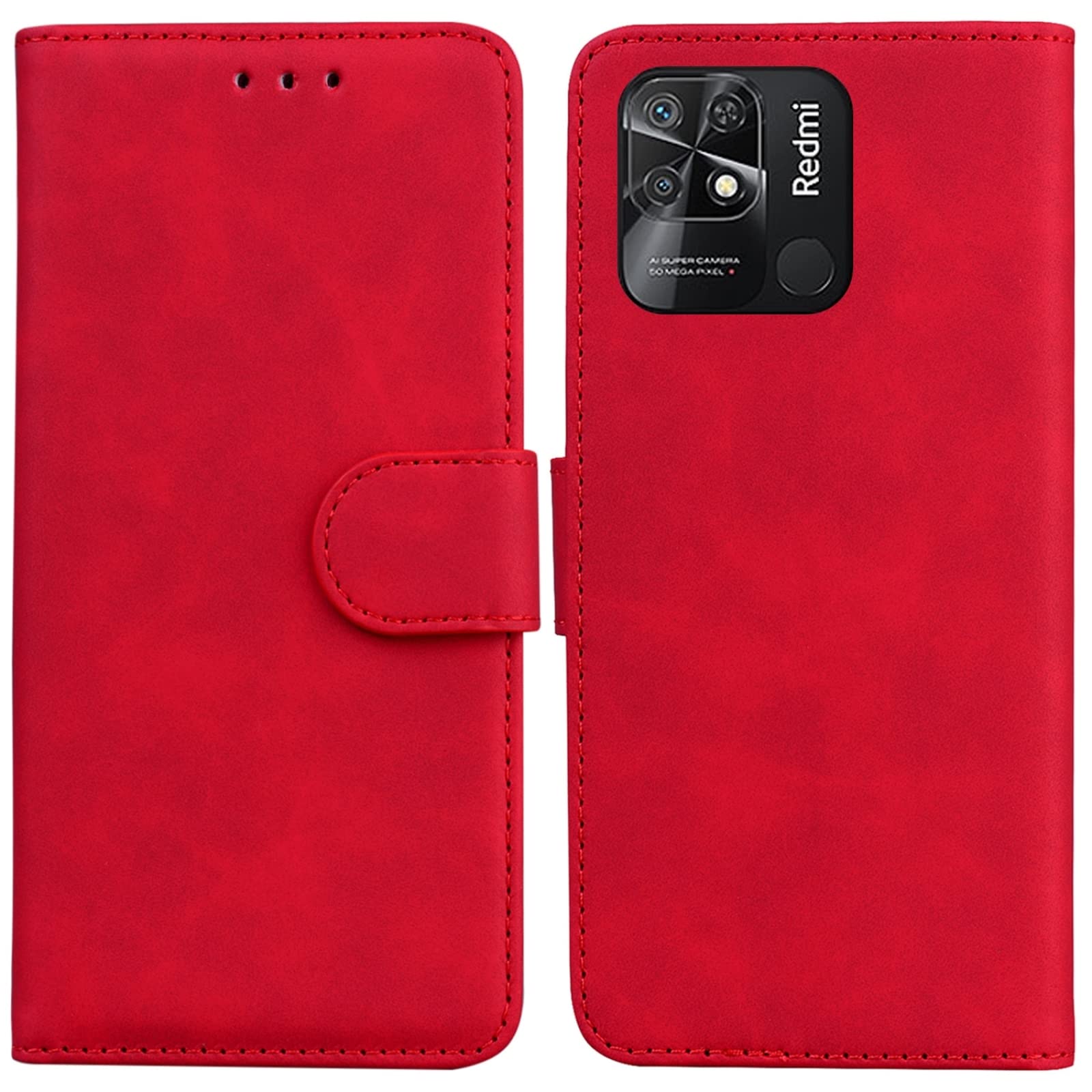 Xiaomi Redmi 10C Leather Phone Case - Slim Flip Cover with Premium Skin Feel, Pure Color (Red) | Perfect for Daily Protection & Stylish Look | Compatible with All Functions