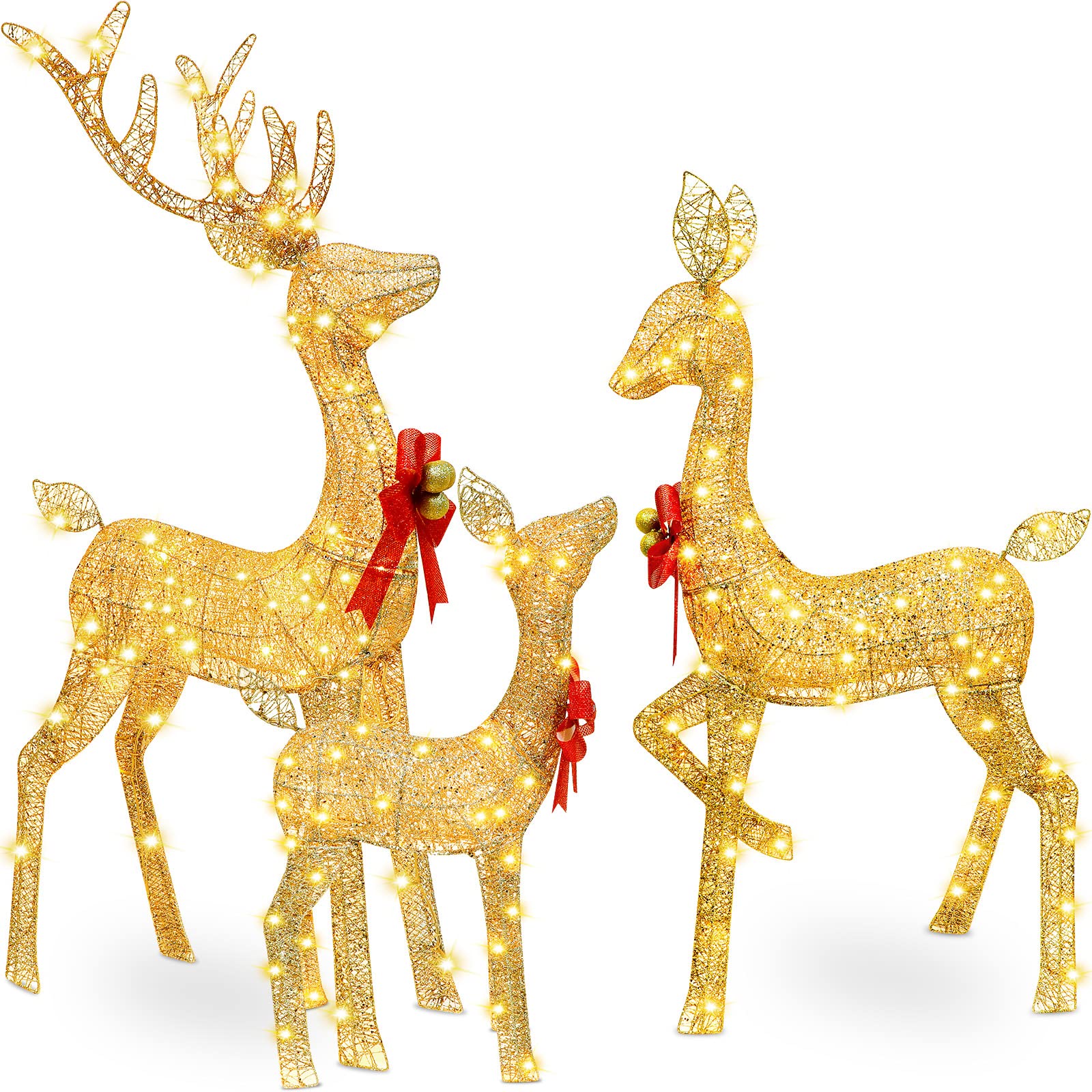 Golden Christmas Lighted Reindeer Family Decor Set - Large Outdoor Yard & Indoor Holiday Decorations for Lawn, Garden, Porch | Perfect for Festive Home, Party & Winter Season Decorating