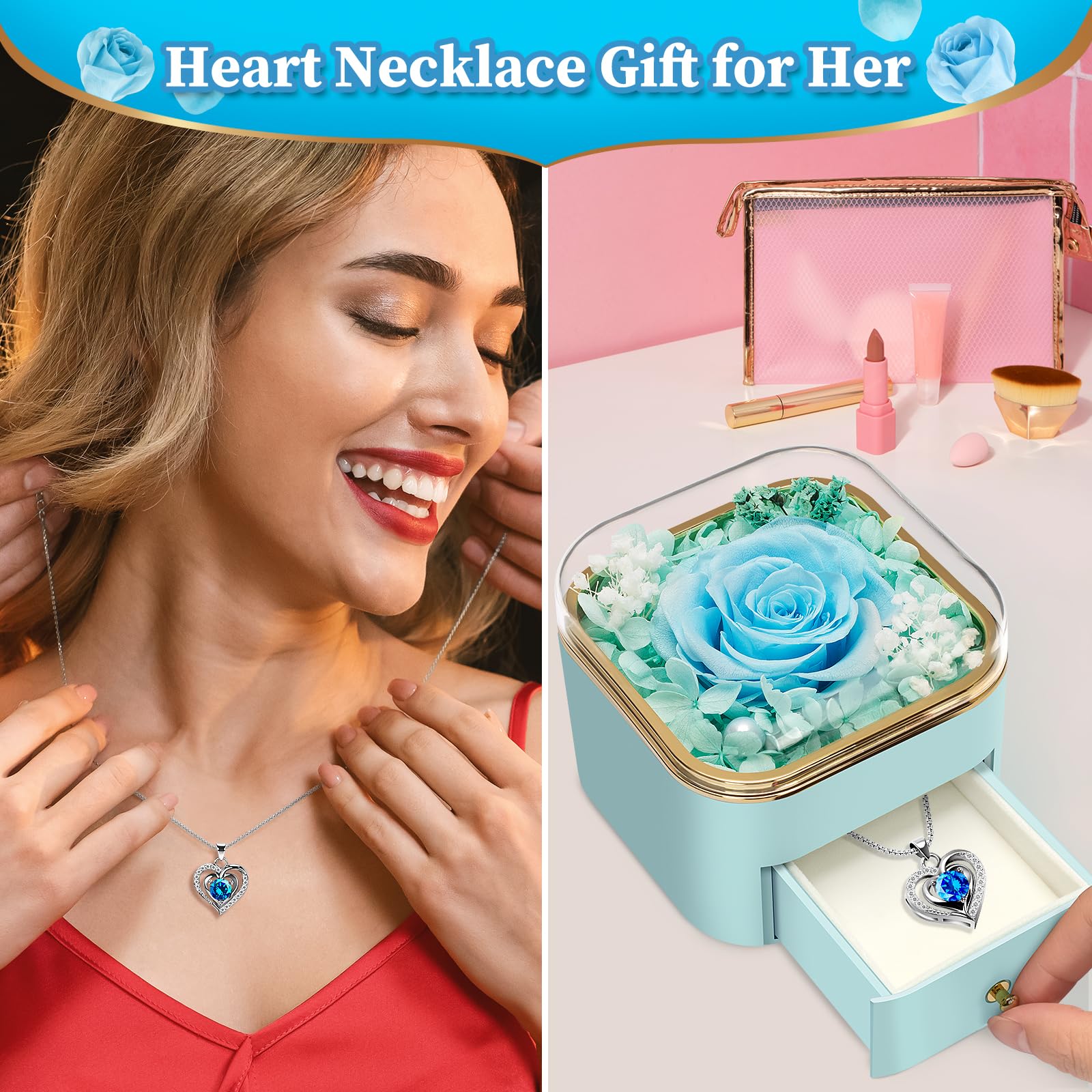 Eternal Rose Necklace Gift Set for Women - Preserved Real Rose with Heart Pendant, Birthday Anniversary Christmas Present for Wife, Girlfriend, Mom, Grandma (Blue) | Romantic Keepsake for Special Occasions