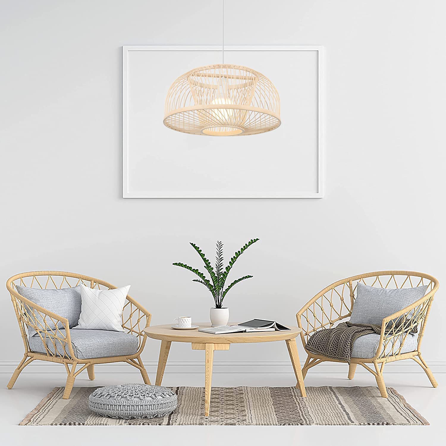 KWOKING Industrial Bamboo Pendant Light - Natural Woven Dome Chandelier with Beige Finish, 1-Light Farmhouse Hanging Fixture for Kitchen, Dining Room, and Rustic Home Decor
