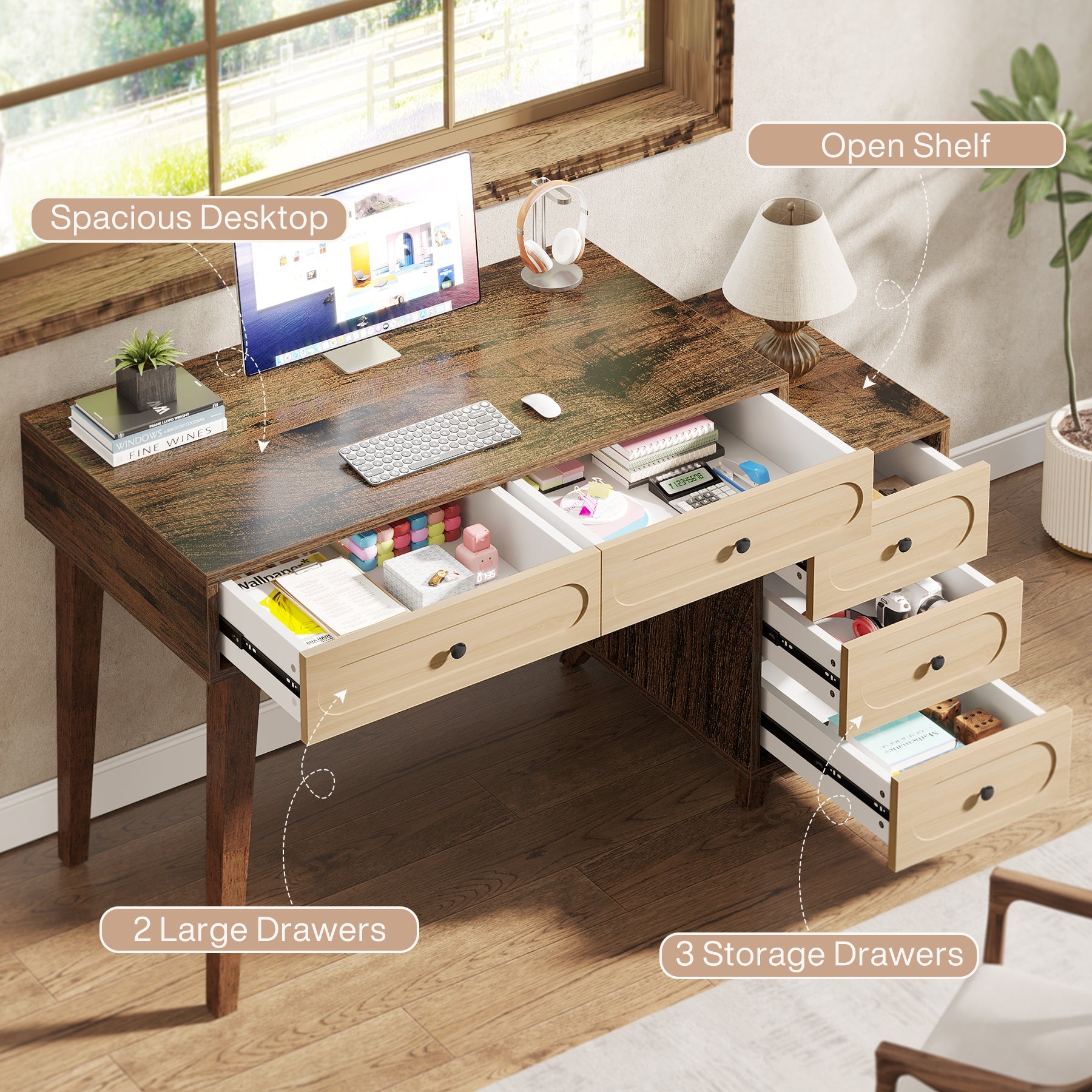 5-Drawer Computer Desk with Reversible Cabinet - 51 Inch Study Writing Table for Home Office, Gaming & Workspace Organization