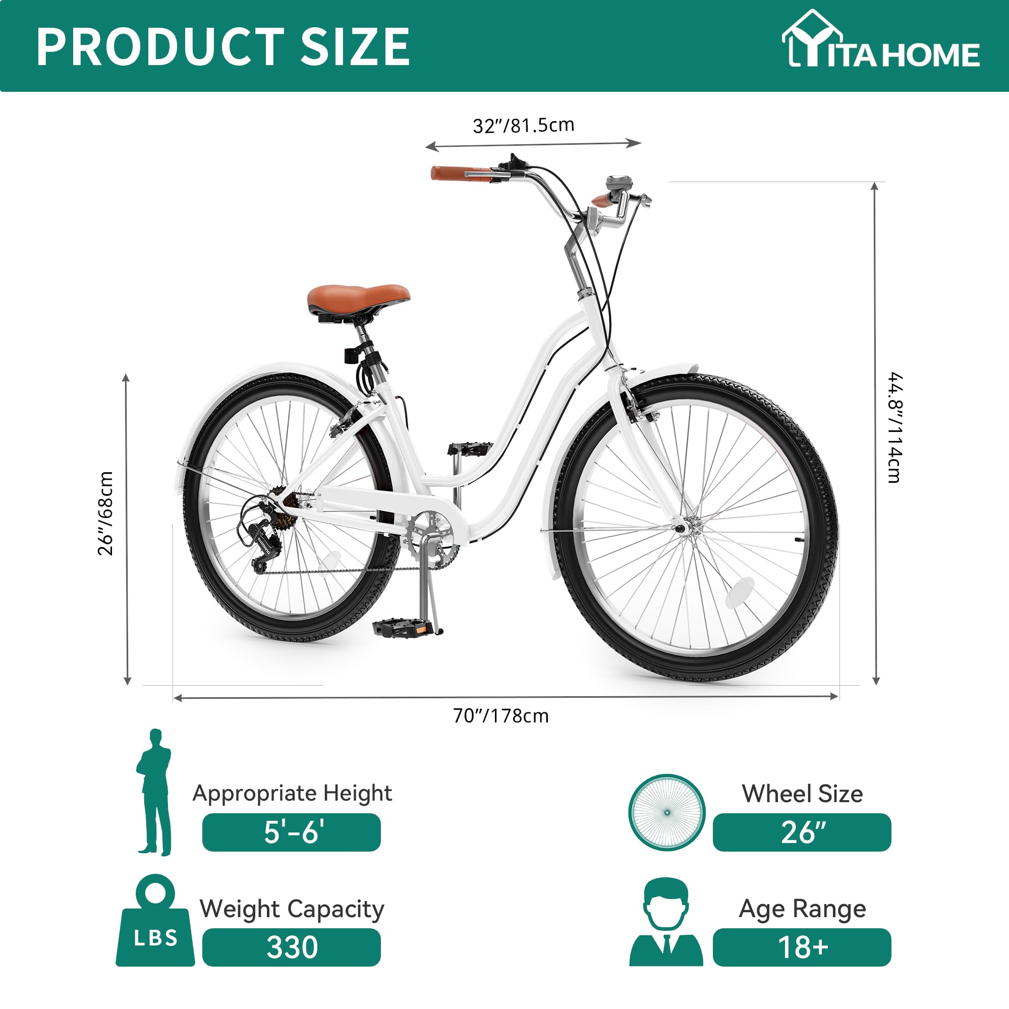 YITAHOME 24 & 26 Inch Beach Cruiser Bike for Adults - 7 Speed & Single Speed Commuting Bicycle with Step-Through Frame, Steel Construction & Full Fenders - Perfect for Beach Rides, City Commuting & Leisure Cycling