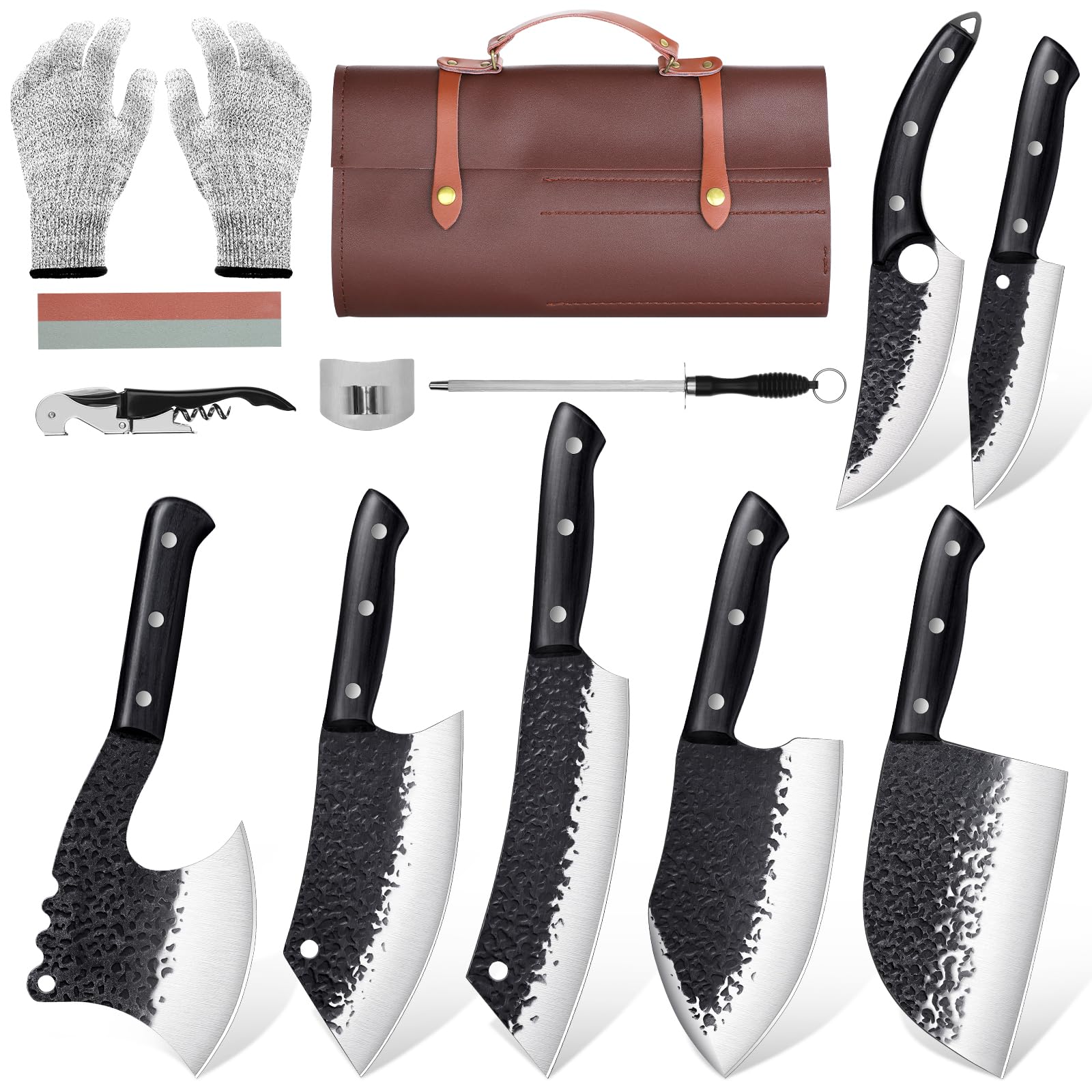 Premium 13-Piece Golden Bird Butcher Knife Set - Hand Forged Japanese Chef Knives for Professional Meat Cutting, BBQ, Camping & Kitchen Use - Ideal Gift for Men & Home Chefs (Birthday, Housewarming) - Perfect for Slicing Steaks, Chopping Vegetables & Outdoor Cooking Adventures