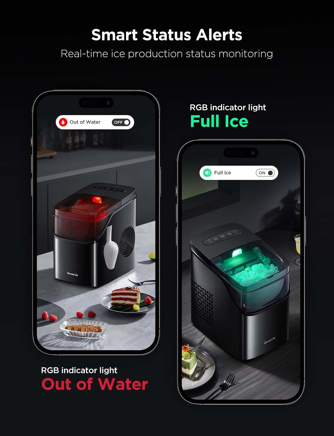 GoveeLife Smart Countertop Ice Maker Machine - Portable Ice Cube Maker with Voice Control, 9 Cubes in 6 Mins, 26lbs/24Hrs, 3 Size Options, Self-Cleaning & RGB Lights, Ultra Quiet - Perfect for Kitchen, Home Bar, RV & Office Use (Black)