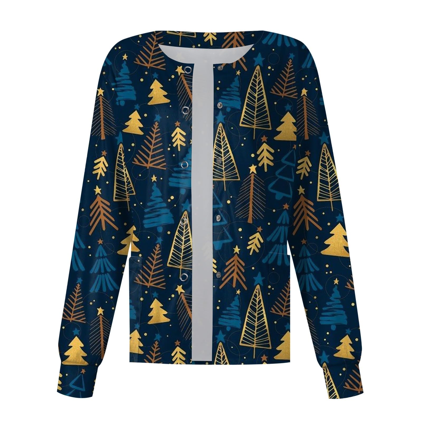 **Plus Size Christmas Scrub Jacket for Women - Holiday Crewneck Long Sleeve Workwear with Pocket - Perfect for Nurses, Doctors & Healthcare Professionals During Festive Season**