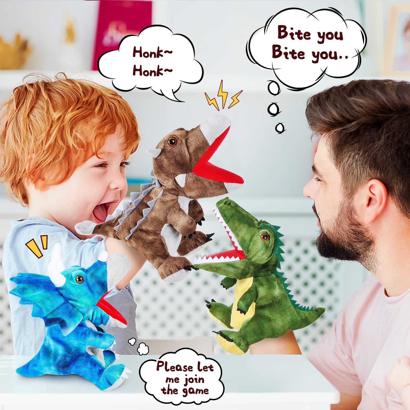 3Pcs Dinosaur Plush Toys - Soft Stuffed Animal Hand Puppets for Kids Ages 4-8, Interactive Role Play Toys for Boys & Girls - Perfect for Storytelling, Pretend Play & Birthday Gifts