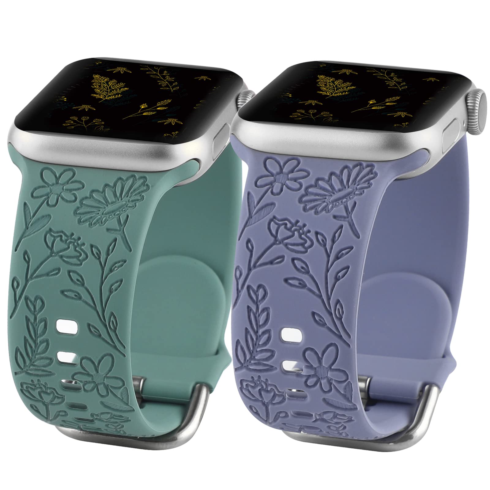 2 Pack Floral Engraved Sport Strap for Apple Watch 38mm 40mm 41mm - Soft Silicone Replacement Band Compatible with iWatch Series 8/7/6/5/4/3/2/1/SE - Women's Fashion Wristband for Workout, Running & Daily Wear