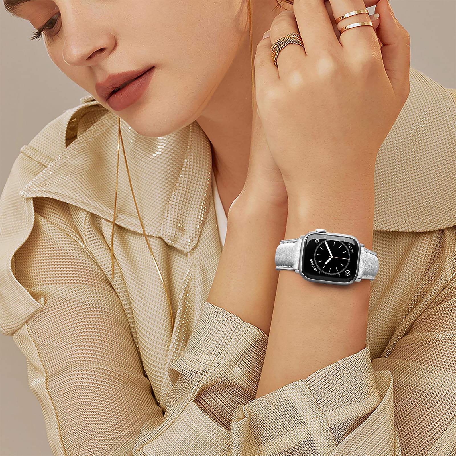 Genuine Leather Apple Watch Band 38mm 40mm 41mm 42mm 44mm 45mm 49mm - Classic Replacement Strap Compatible with All Apple Watch Series 10/9/8/7/6/5/4/3/2/1/SE - Soft Comfortable Leather Watchband for Women & Men (White) - Perfect for Work, Gym & Everyday Wear