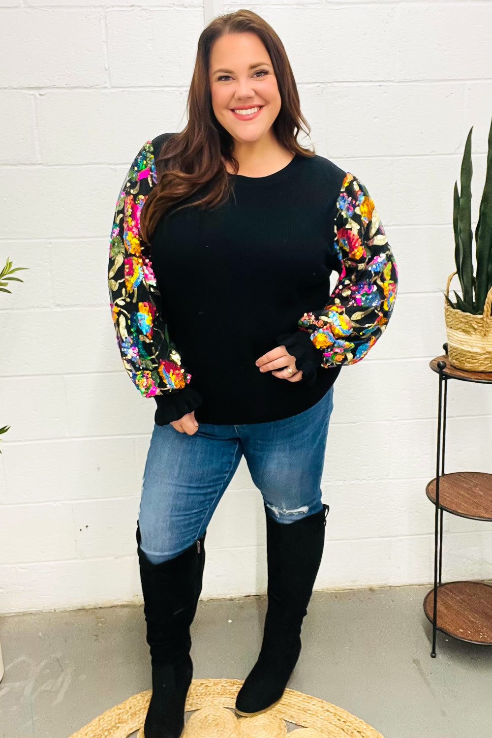 Diva Dreams Black Floral Sequin Mesh Sleeve Rib Knit Top for Women | Elegant Party Blouse | Perfect for Night Out, Date Night & Special Occasions