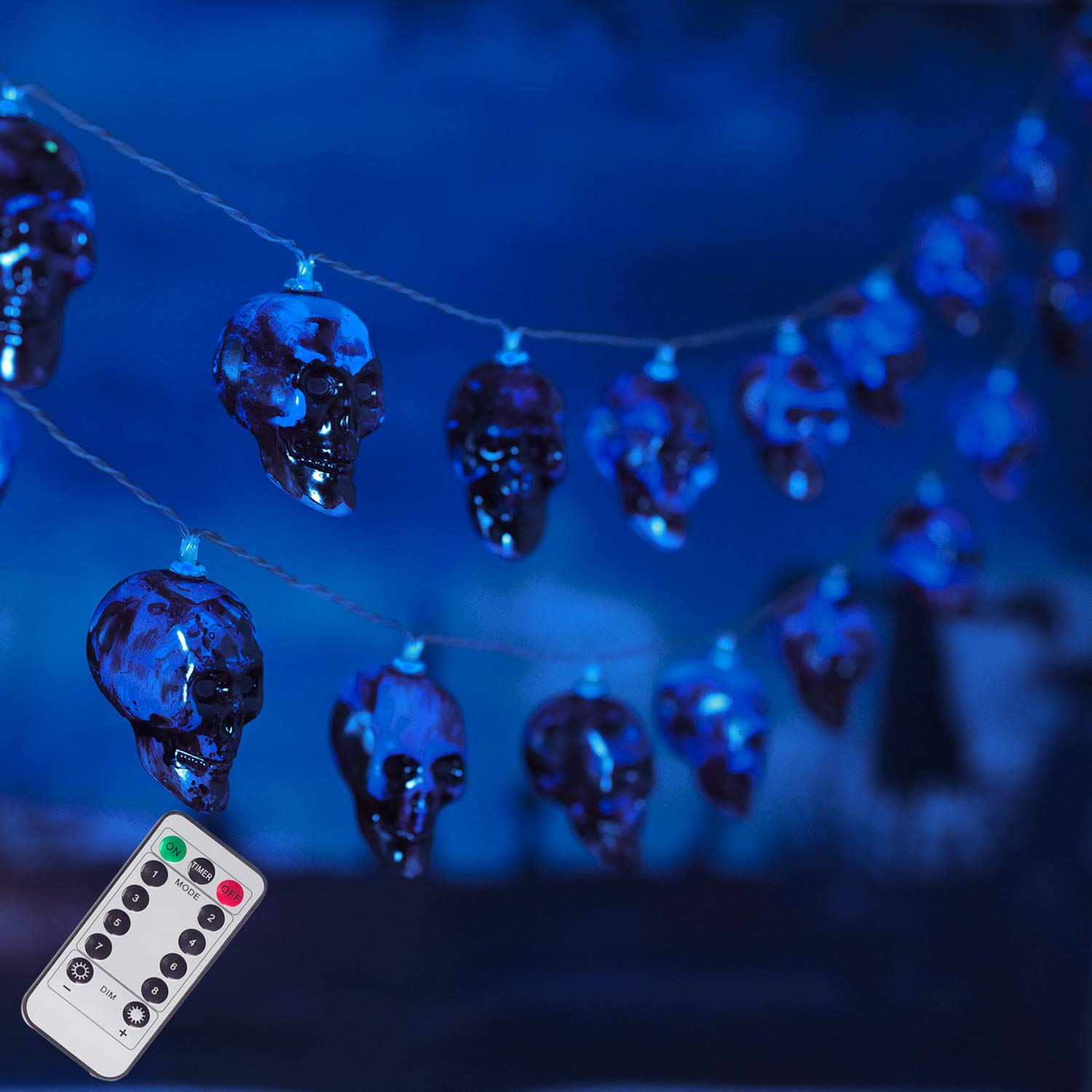ILLUMINEW 30 LED Halloween Skull String Lights - 8 Lighting Modes with Remote Control, 16.4ft Waterproof Battery-Operated Fairy Lights for Outdoor & Indoor Decor - Perfect for Halloween Parties, Home Decoration, Bars, and Spooky Events