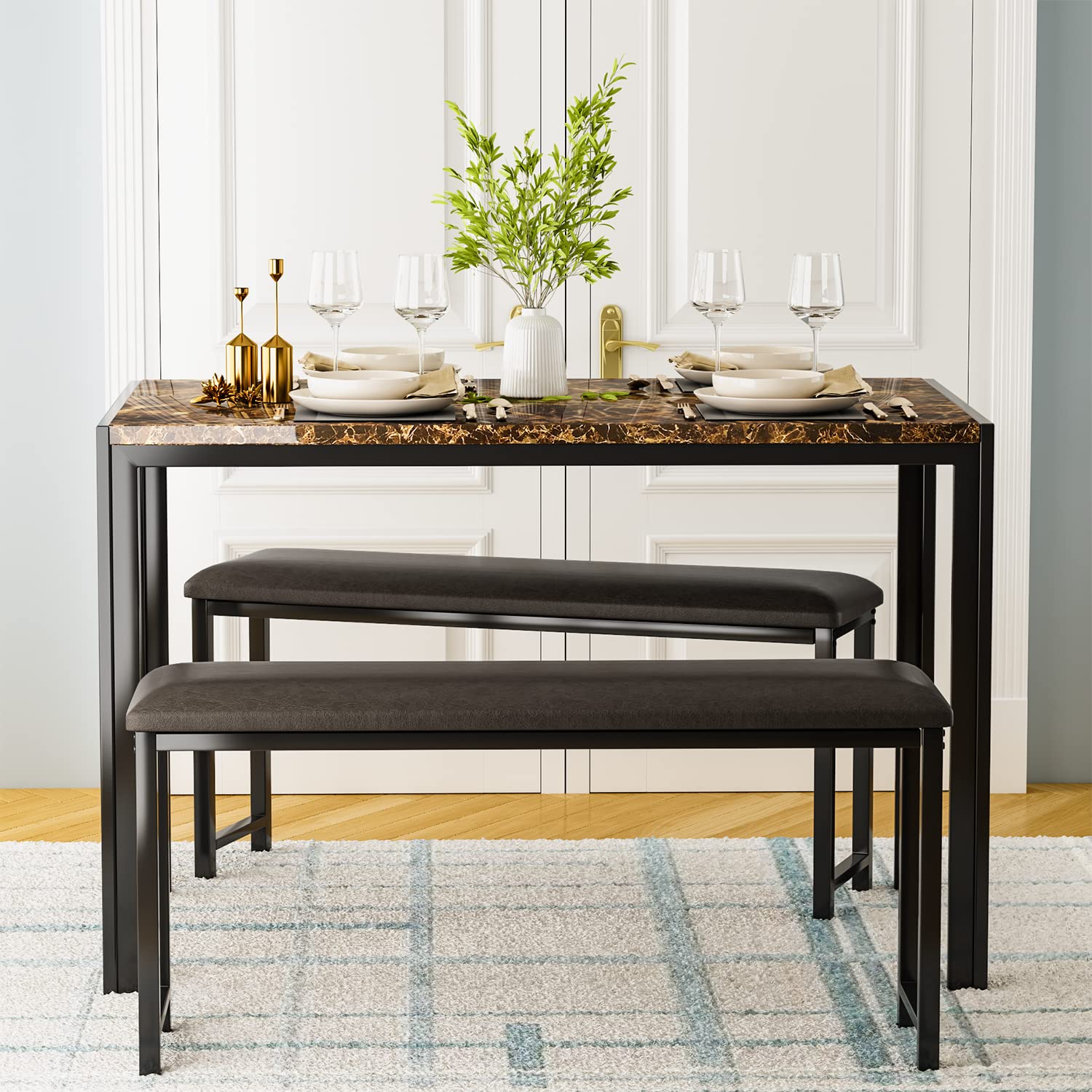 MIERES 3-Piece Breakfast Nook Table Set with 2 Benches - Space-Saving 4-Person Kitchen Dinette for Small Dining Rooms (Brown) - Perfect for Apartments, Breakfast Corners & Cozy Kitchen Nooks