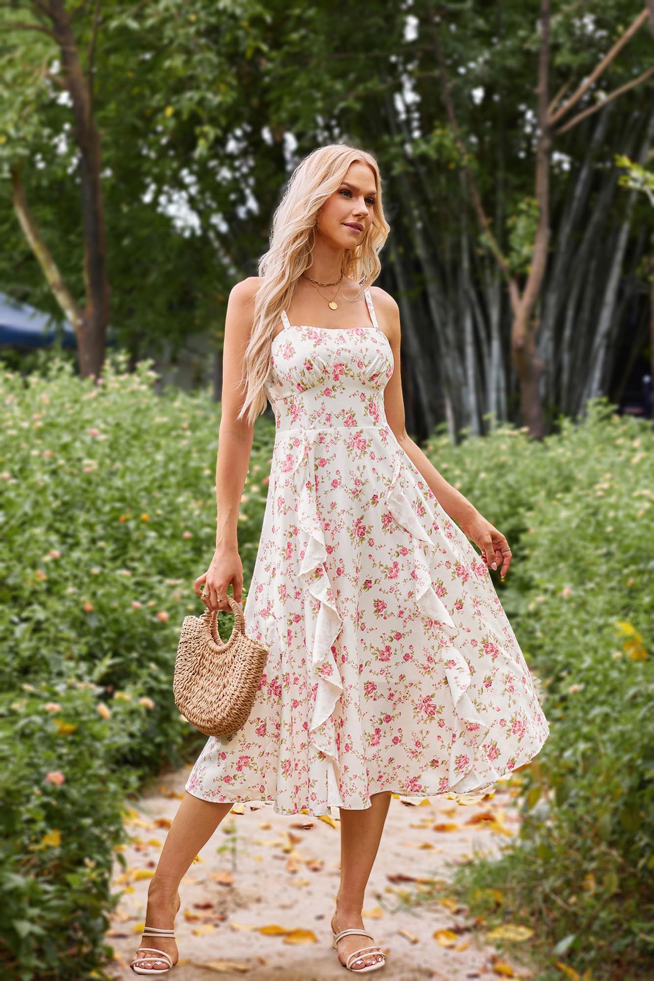 Belle Poque Women's 2025 Boho Midi Sun Dress - Casual Spaghetti Strap Ruffle Flowy Dress for Wedding Guest, Beach, Party & Summer Outfits