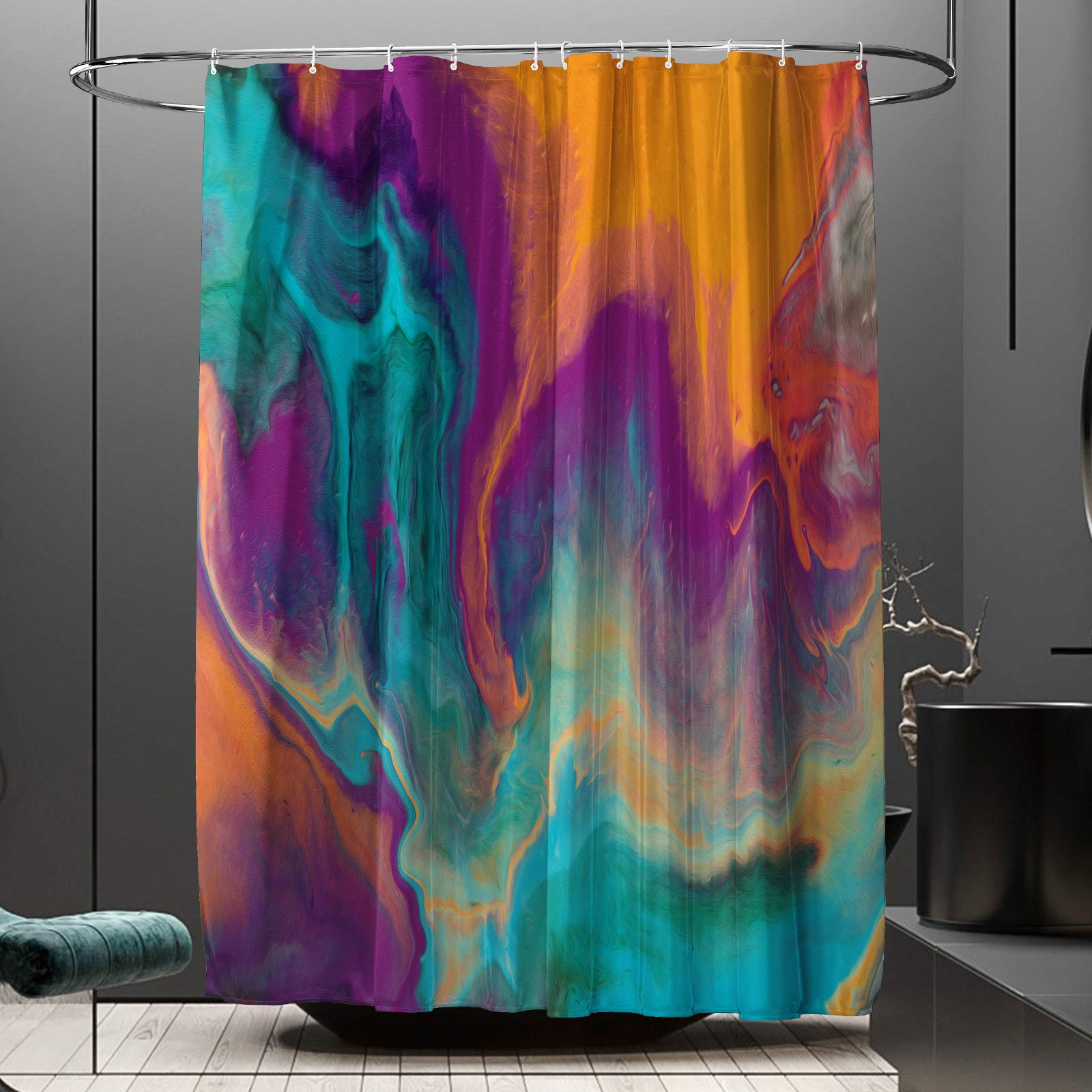 Vibrant Abstract Waterproof Shower Curtain - Orange, Purple, Blue, Yellow & Teal Bathroom Decor with Hooks | 48x72 Inches | Perfect for Modern, Bohemian & Coastal Style Bathrooms