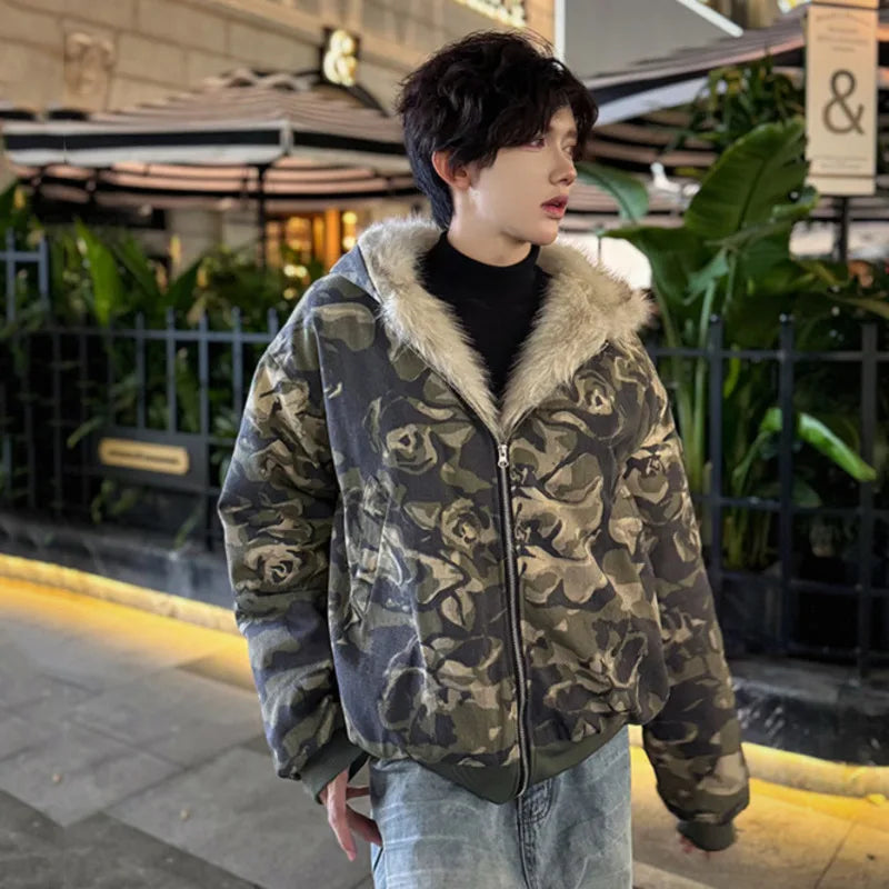 2024 Fashion Men's Winter Camouflage Hooded Jacket with Zipper & Contrast Color Patchwork - Outdoor Hunting, Hiking & Casual Wear (Style 9C9020)