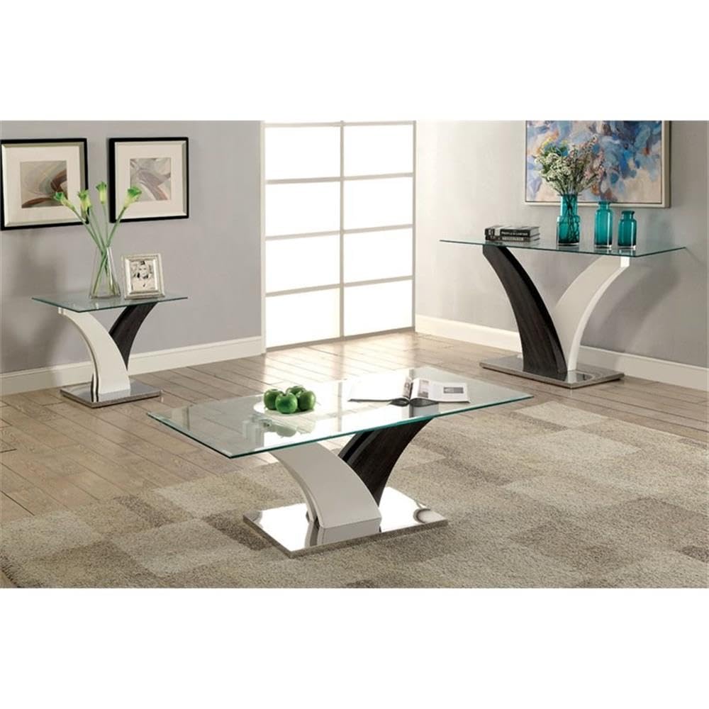 BOWERY HILL Modern Glass Top Console Table - White & Dark Gray Entryway Sofa Table for Living Room, Hallway, or Bedroom Decor