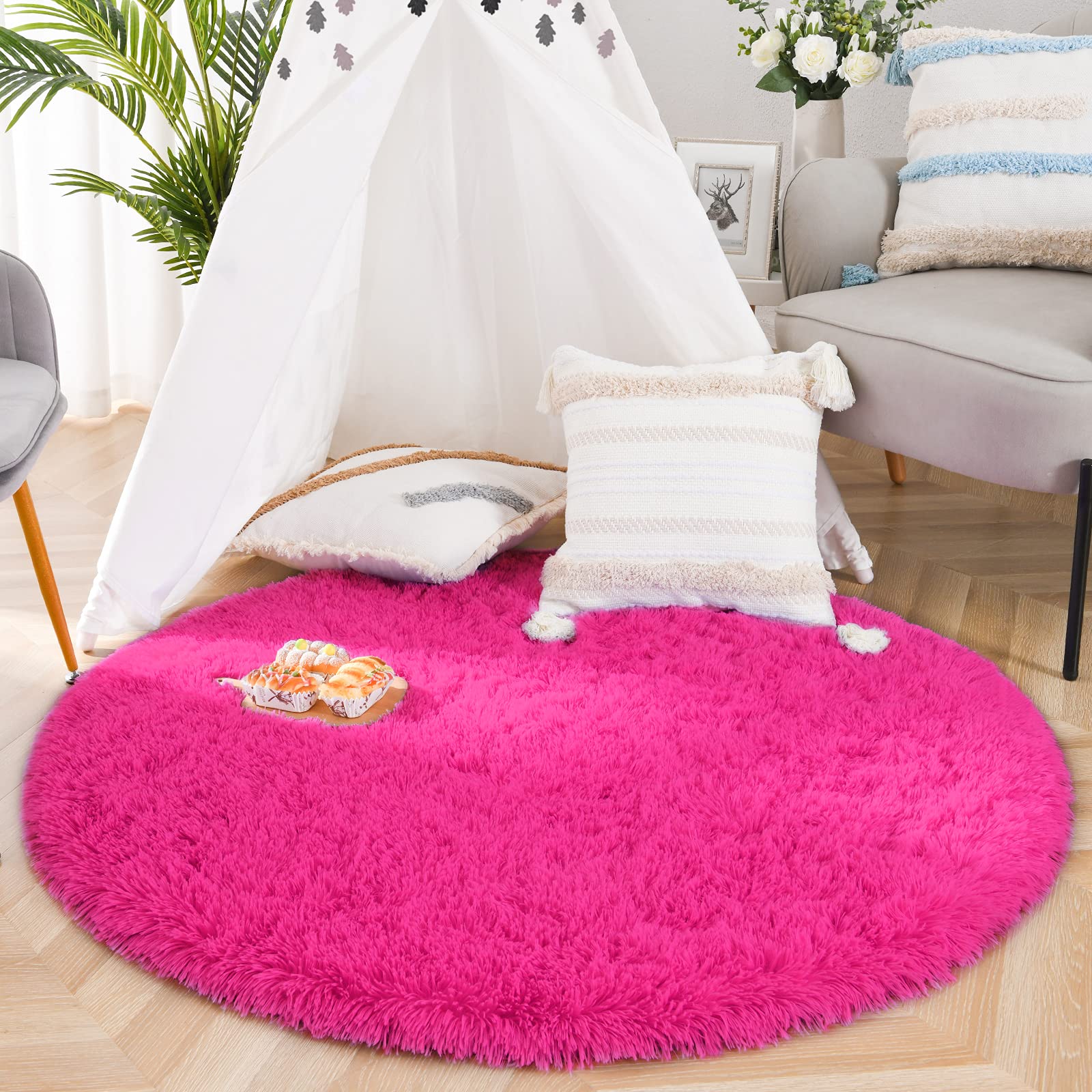 Noahas Soft Round Area Rug 5 Feet - Non-Slip Plush Shaggy Carpet for Living Room, Bedroom, Nursery - Hot Pink Home Decor Accent Rug for Cozy Comfort
