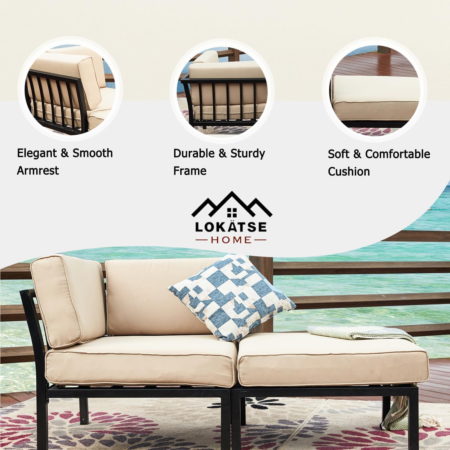 LOKATSE HOME 2-Piece Outdoor Patio Furniture Set - Waterproof Wicker Conversation Chairs with Corner Sofa & Ottoman, Khaki - Perfect for Garden, Poolside & Backyard Relaxation