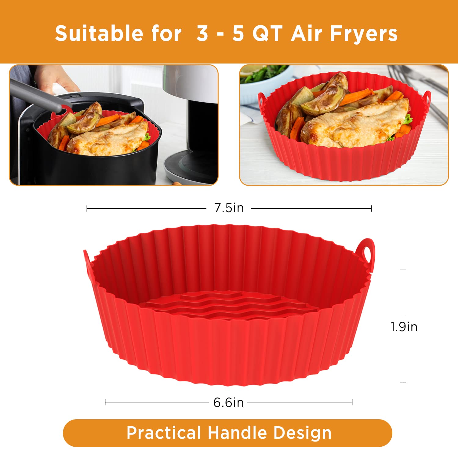 OUTXE 2-Pack Reusable 7.5-Inch Silicone Air Fryer Liners - Heat Resistant, Non-Stick Basket for 3-5 Qt Air Fryers - Easy to Clean, Dishwasher Safe (Pink + Red) - Perfect for Healthy Cooking, French Fries, Chicken Wings & Vegetables
