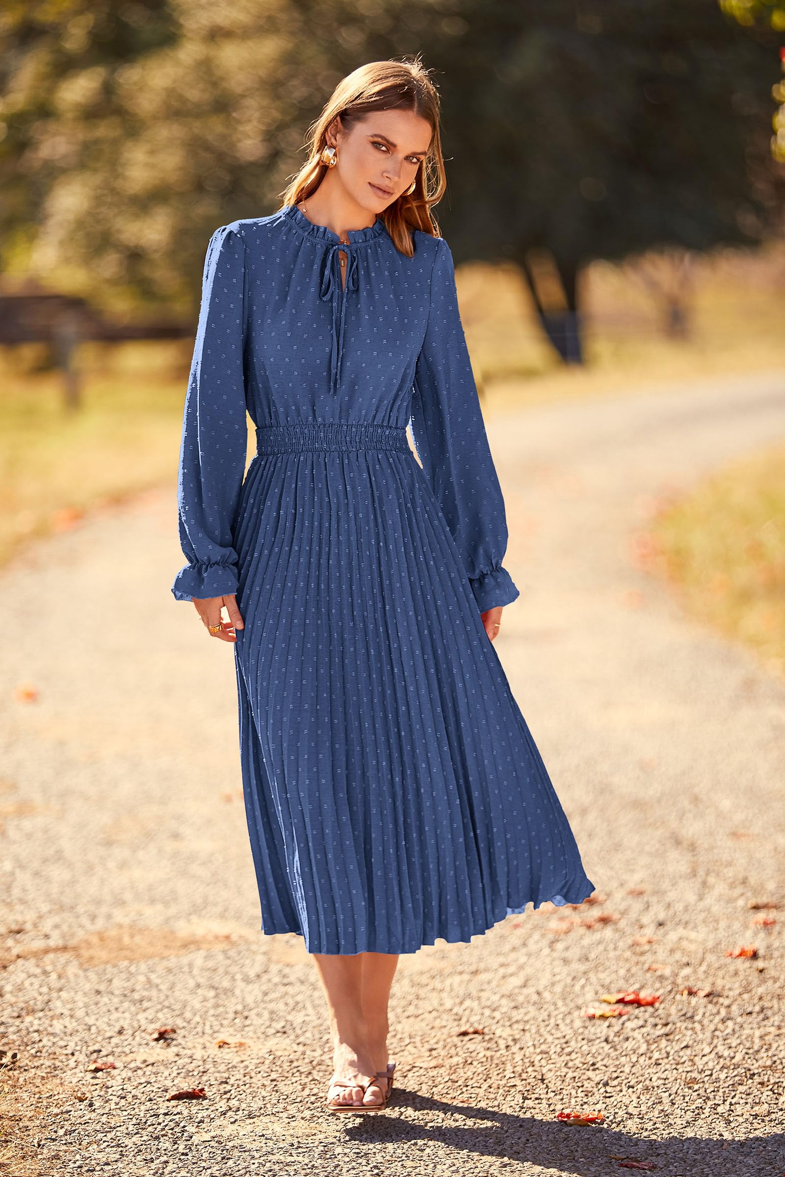 PRETTYGARDEN Women's 2025 Spring Fall Midi Dress - Casual Long Sleeve V-Neck Swiss Dot Pleated A-Line Flowy Dress for Work, Date Night & Special Occasions
