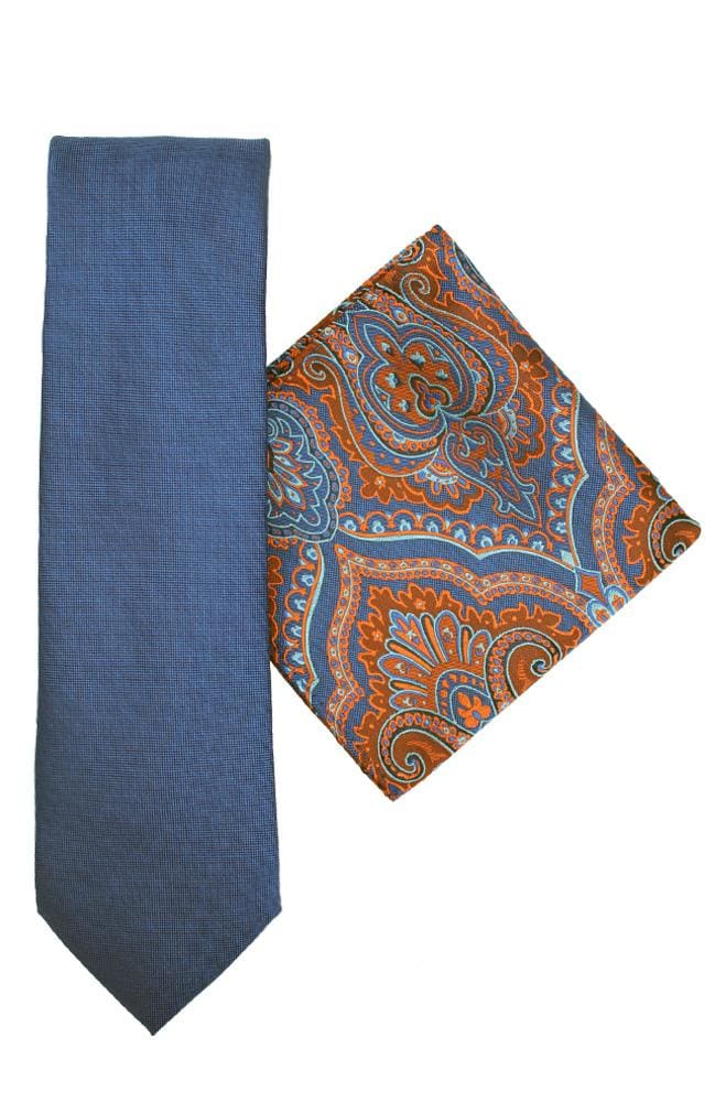L.A. Smith Poly Blue Paisley Tie and Pocket Square Set - Premium Silk-Like Texture for Formal Events, Weddings & Business Occasions