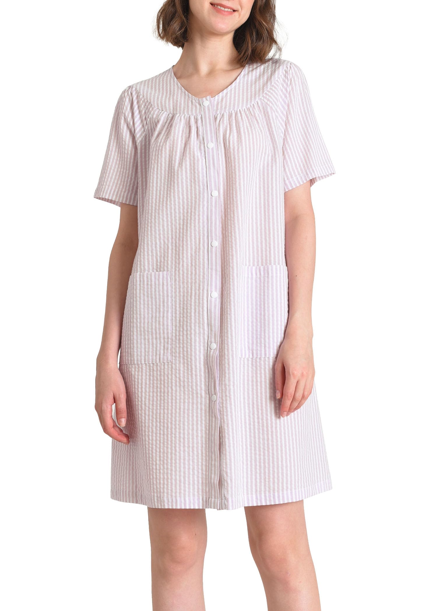 Women's Soft Seersucker Robe - Cotton Snap Front Duster Housecoat for Loungewear, Spa & Relaxation at Home