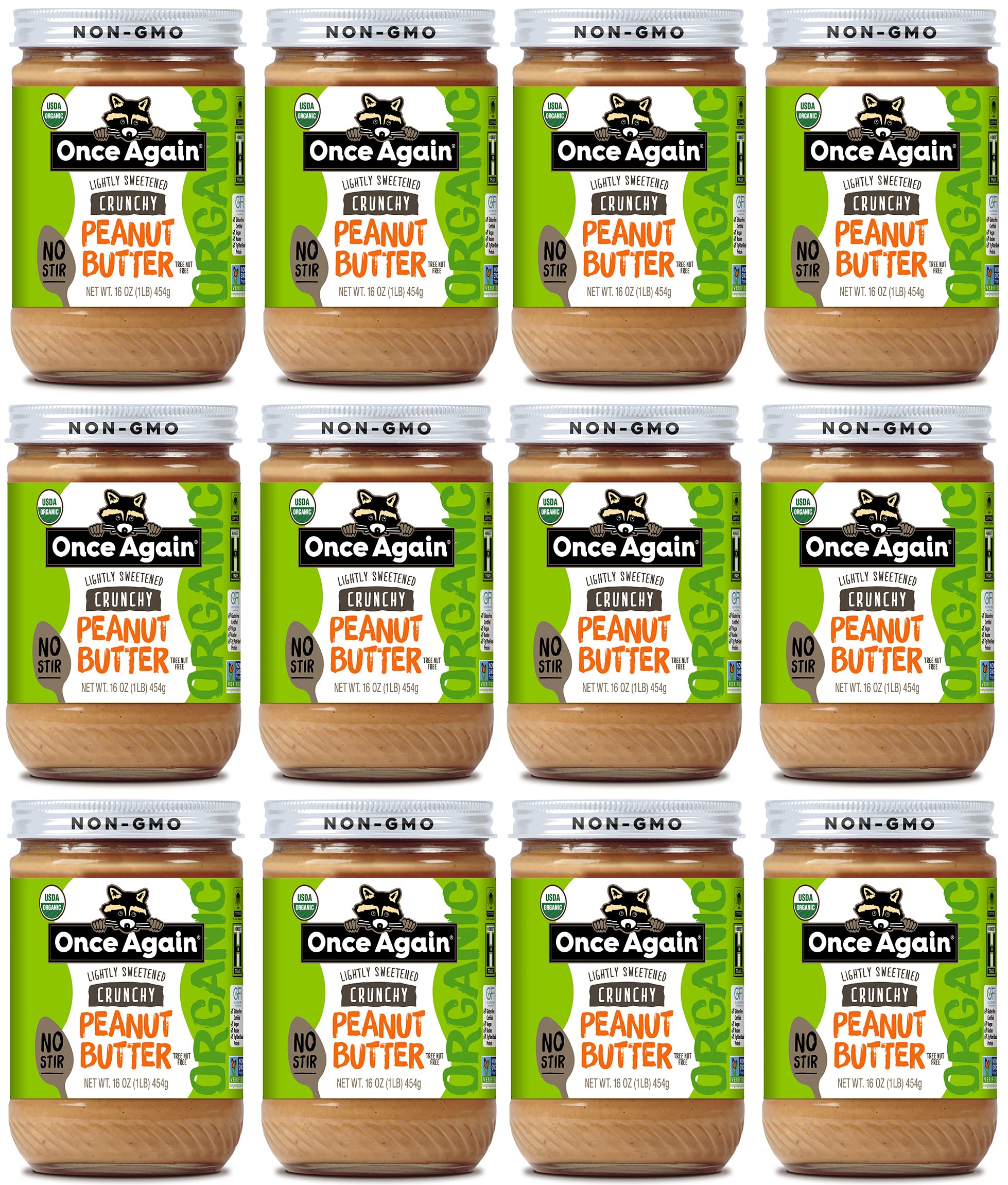 Once Again Organic Crunchy Peanut Butter, 16oz Jar - No Stir, Lightly Sweetened & Salted - USDA Organic, Gluten Free, Vegan, Kosher Certified - Case of 12 - Perfect for Sandwiches, Smoothies & Healthy Snacks