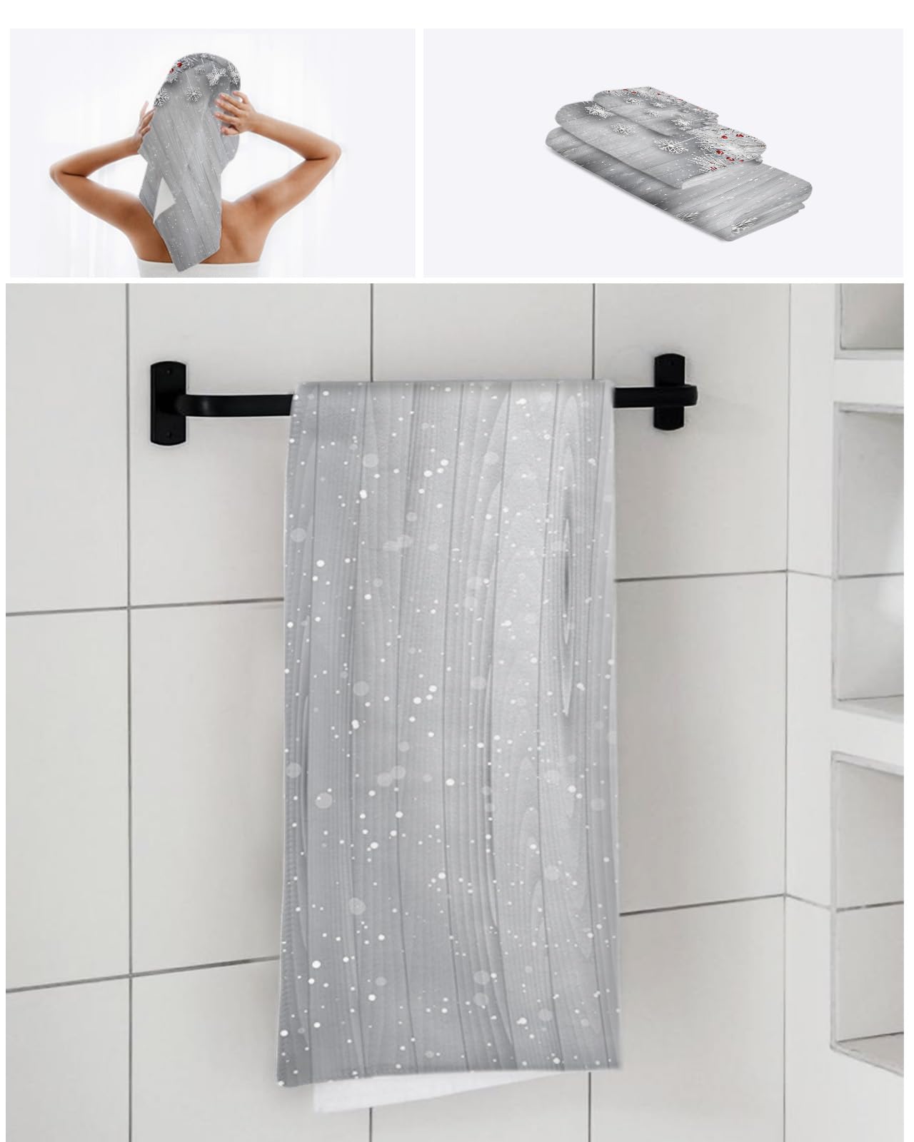 Christmas Pine Bathroom Towel Set - 12pc Quick Dry Microfiber Towels for Kitchen, Bath & Beach | Soft Luxury Hand & Dish Towels with Silver Tree Leaves Snowflake Design - Perfect for Farmhouse Decor, Holiday Gifting & Everyday Use