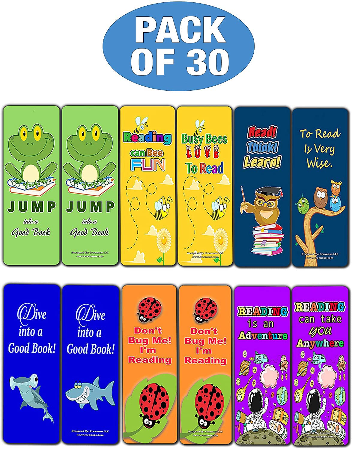 Creanoso 30-Pack Kids Bookmarks - Premium Cute Bookmark Gifts for Book Lovers, Men, Women & Teens - Office Supplies & DIY Kit - Perfect for Reading, School, Gifts & Stocking Stuffers