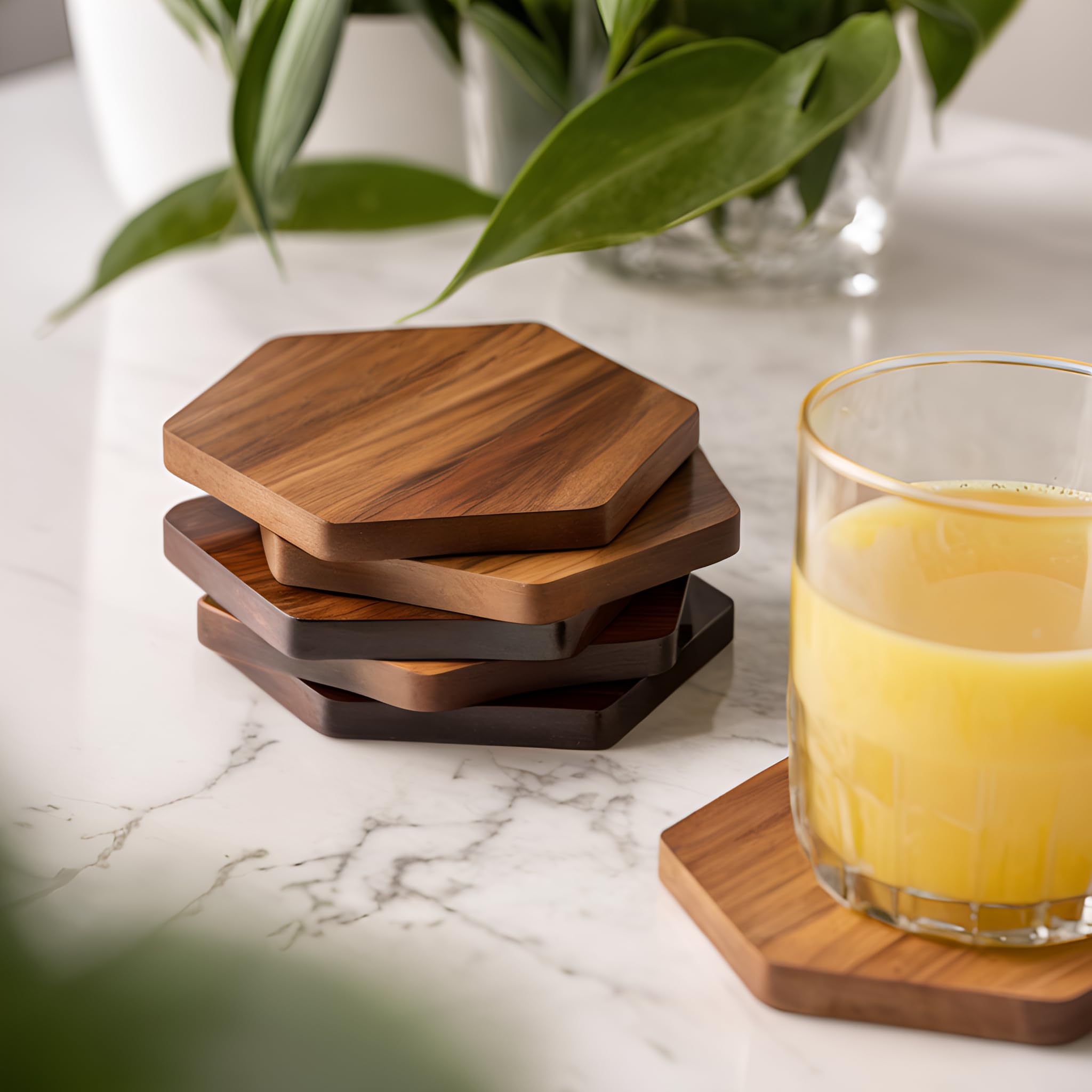 Handmade Wooden Coasters Set of 6 - Natural Wood Drink Coasters for Coffee, Tea, Beer & Wine - Perfect for Home, Office, Bar & Restaurant Tabletops - Protects Surfaces from Stains & Heat
