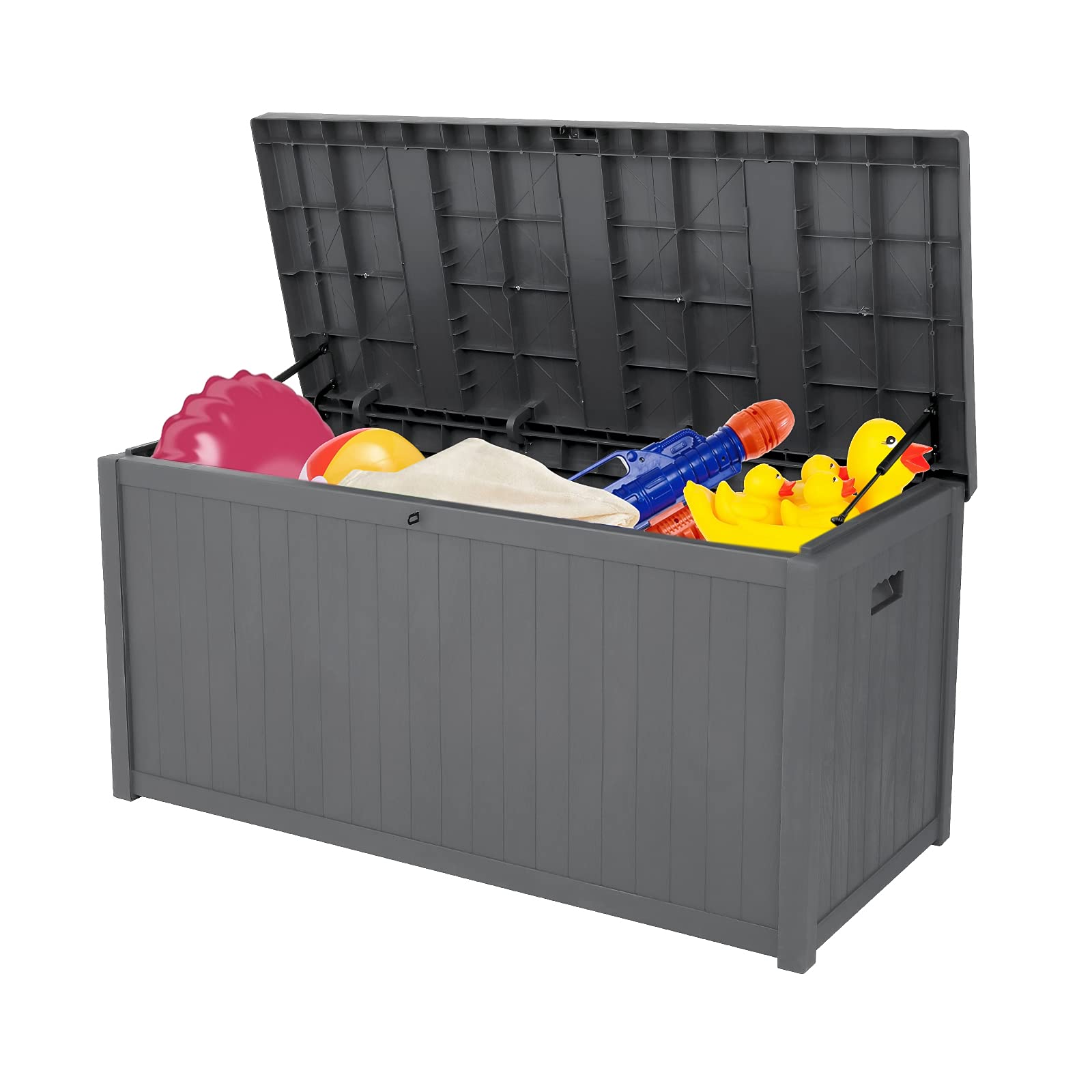 **Large 113-Gallon (430L) Waterproof PP Plastic Deck Storage Box - Outdoor Patio Furniture Cover, Garden & Pool Supplies Organizer (Wooden Surface, Grey) - Perfect for Patio, Backyard & Poolside Storage**