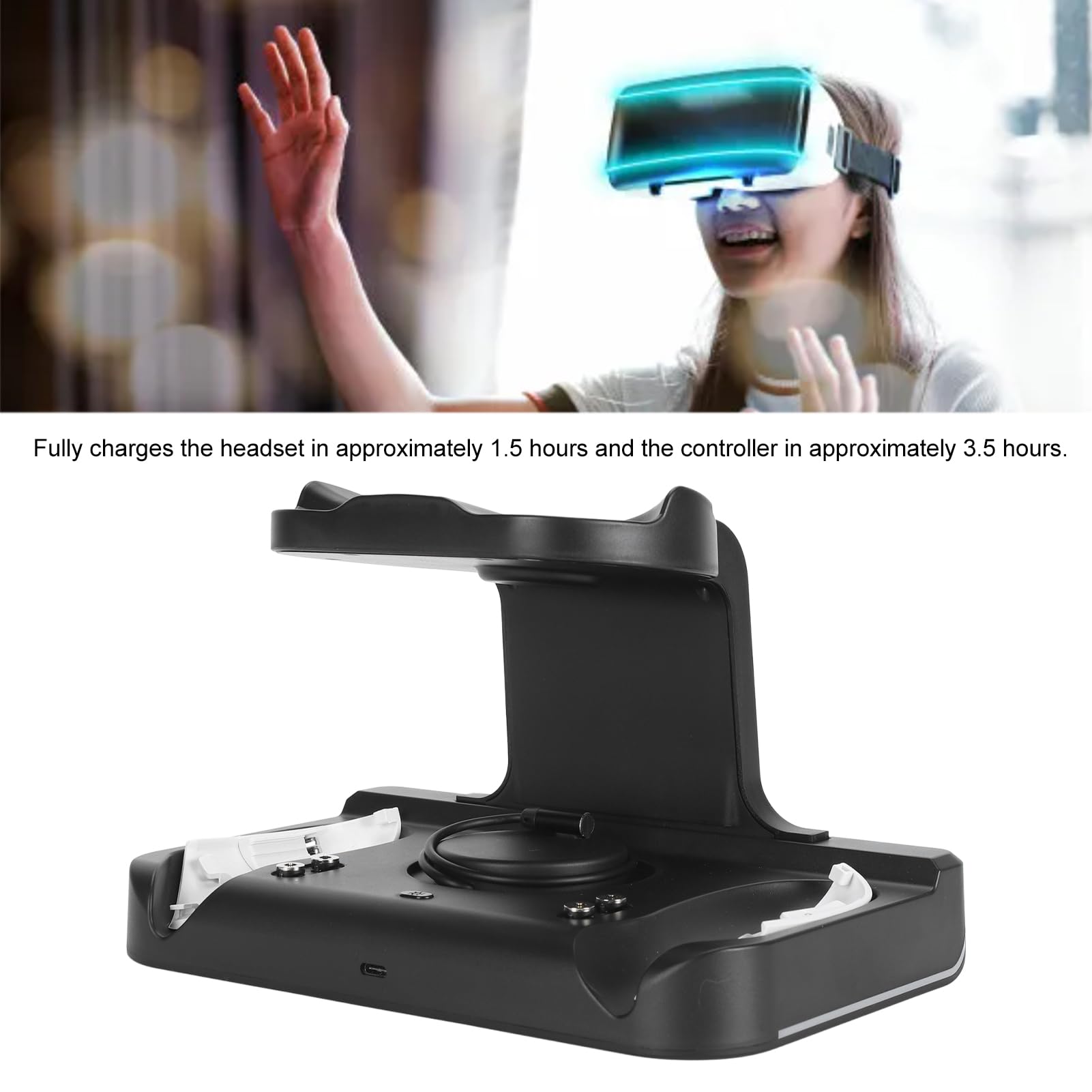VR Charging Station with RGB Lights, Wall Mount & Fast Charging, 2x1800mAh Controller Charger - Perfect for VR Headset Accessories (Black) - Ideal for Gaming Setups & VR Enthusiasts