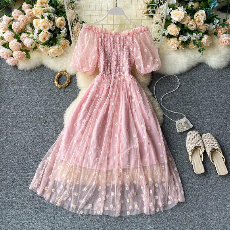 Embroidered Daisy Dress - Mid-Length French Puff Sleeve Fairy Dress - Floral Summer Dress for Women - Perfect for Garden Parties, Weddings & Boho Outfits
